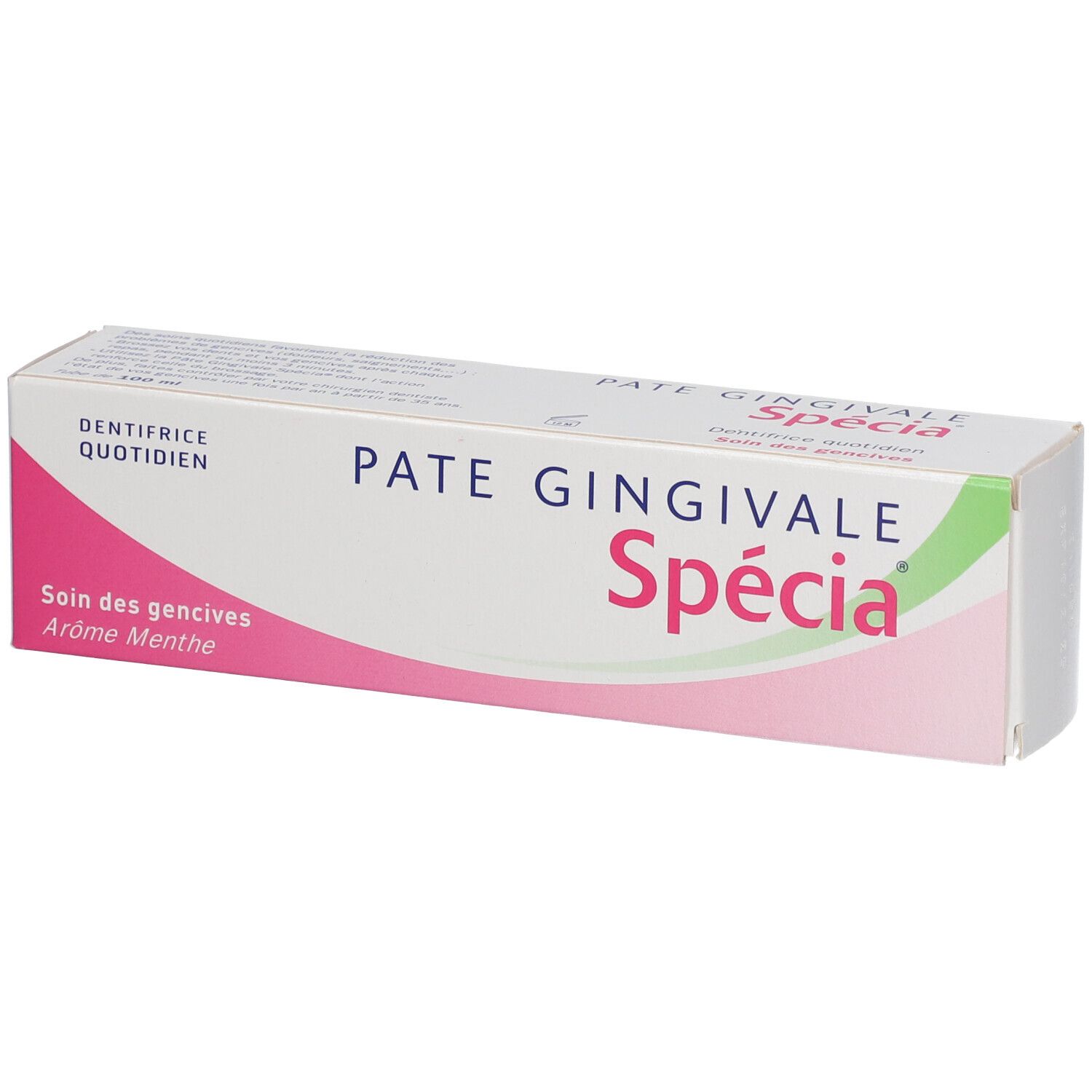 Boîte de dentifrice "Pâte Gingivale Spécia". Emballage blanc et rose. Inscriptions "Soin des gencives" et "Arôme Menthe".