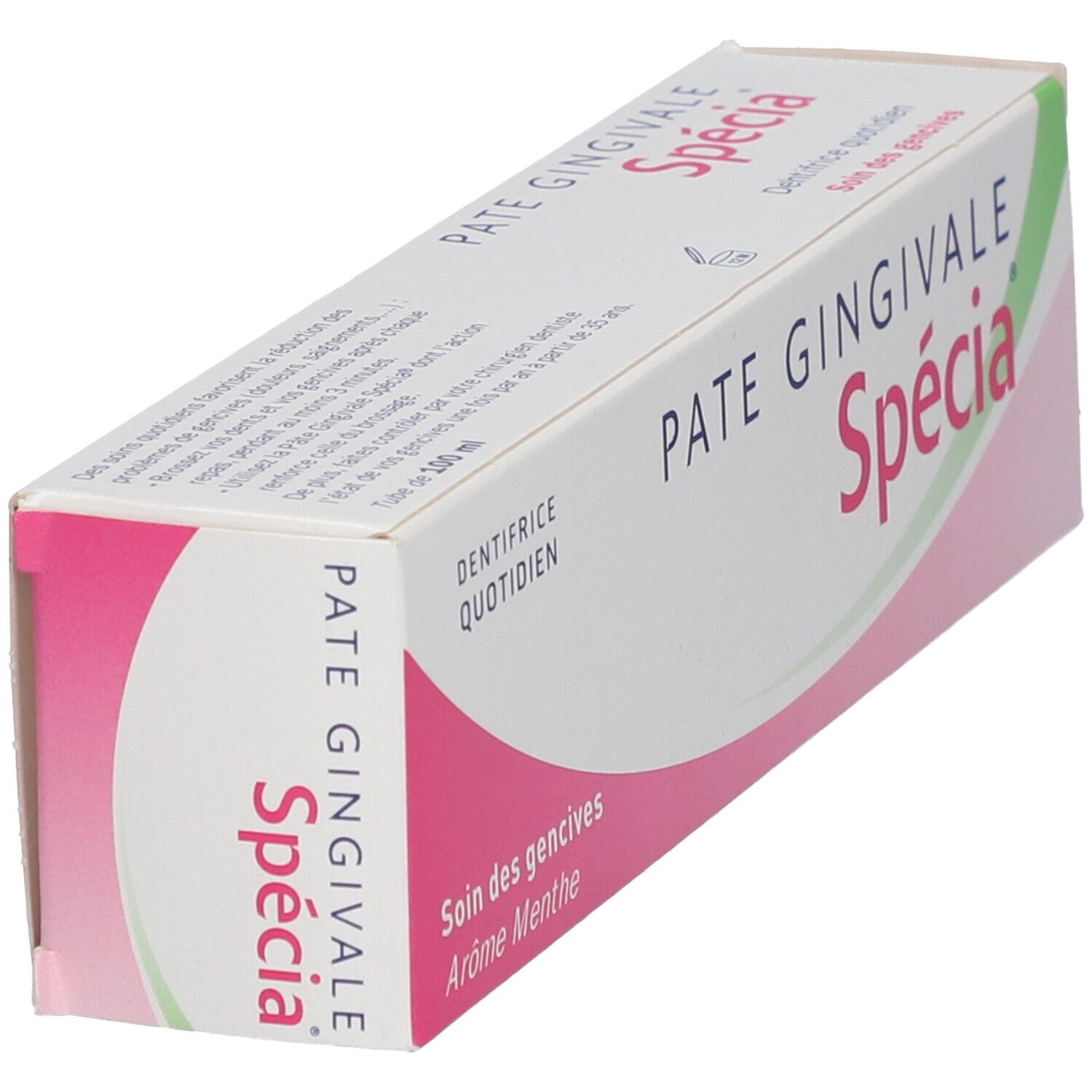 Boîte de dentifrice "Pâte Gingivale Spécia" en biais. Emballage blanc et rose. Texte "Soin des gencives" et "Arôme Menthe".