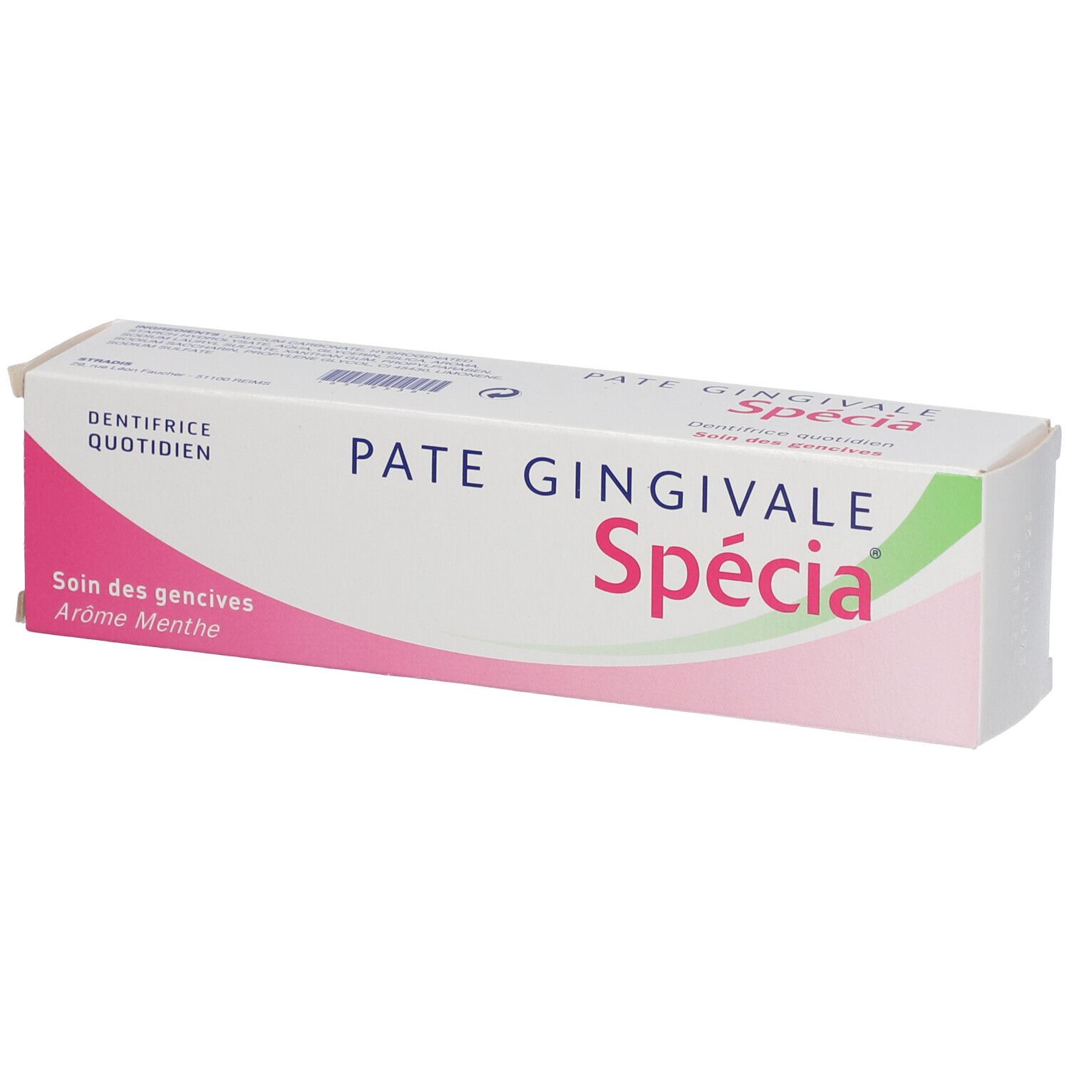Boîte de dentifrice "Pâte Gingivale Spécia". Emballage blanc et rose. Texte "Soin des gencives" et "Arôme Menthe" visibles.