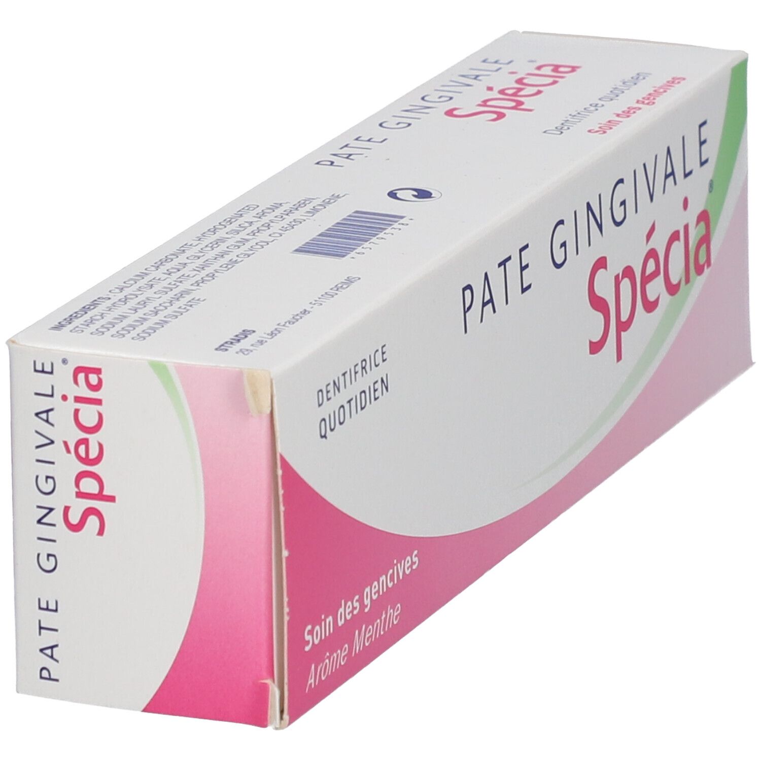Boîte de dentifrice "Pâte Gingivale Spécia" en biais. Emballage blanc et rose. Code-barres et texte.
