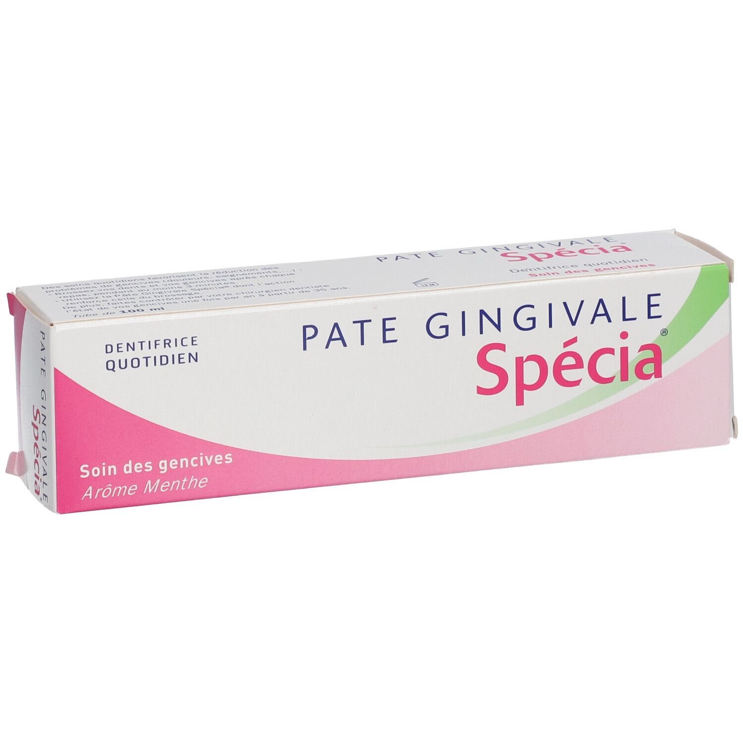 Boîte de dentifrice "Pâte Gingivale Spécia". Emballage blanc et rose. Texte "Soin des gencives" et "Arôme Menthe".