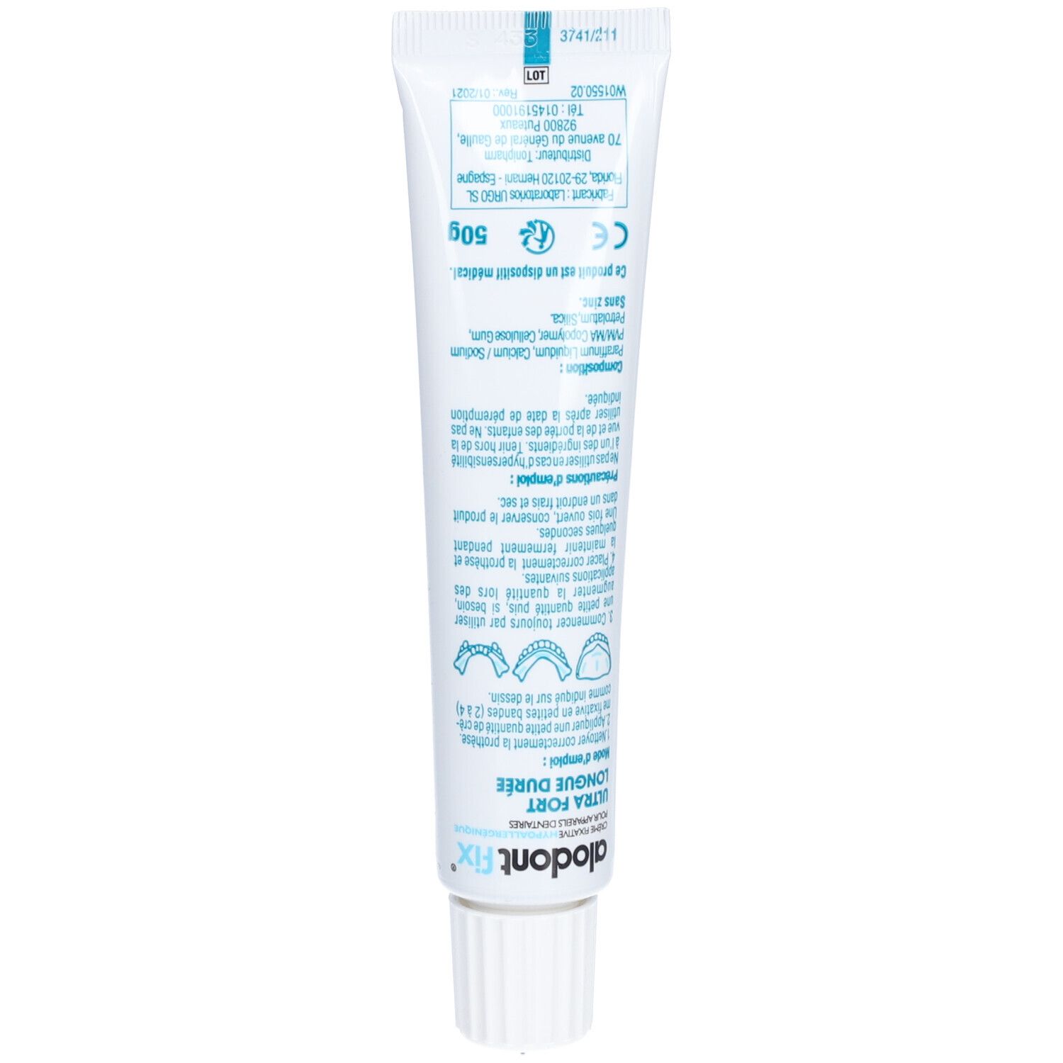 Dos du tube de crème fixative pour appareils dentaires. Texte multilingue, ingrédients, informations fabricant.