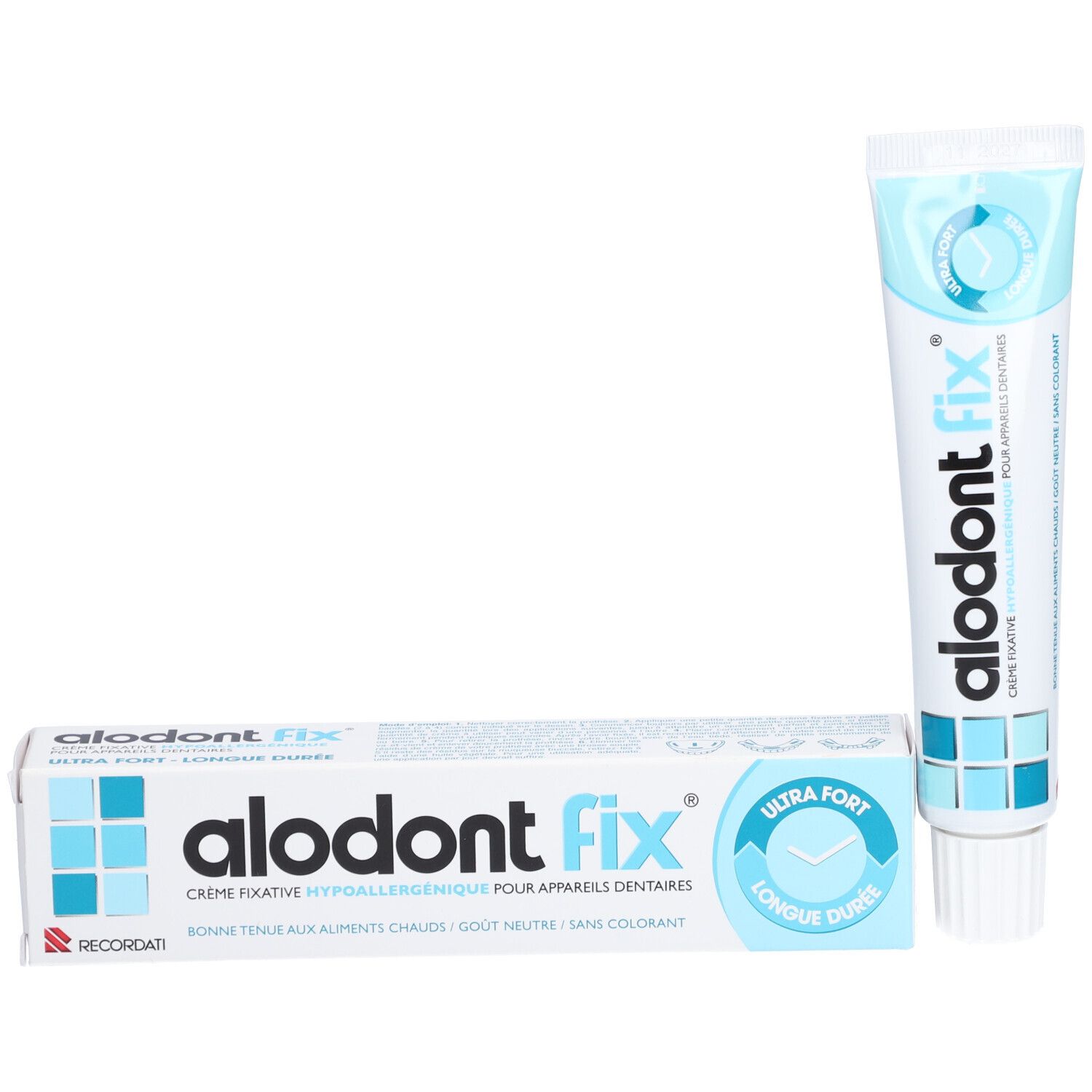 Tube et emballage de crème fixative pour appareils dentaires. Inscription: alodont fix, ultra fort, Recordati.