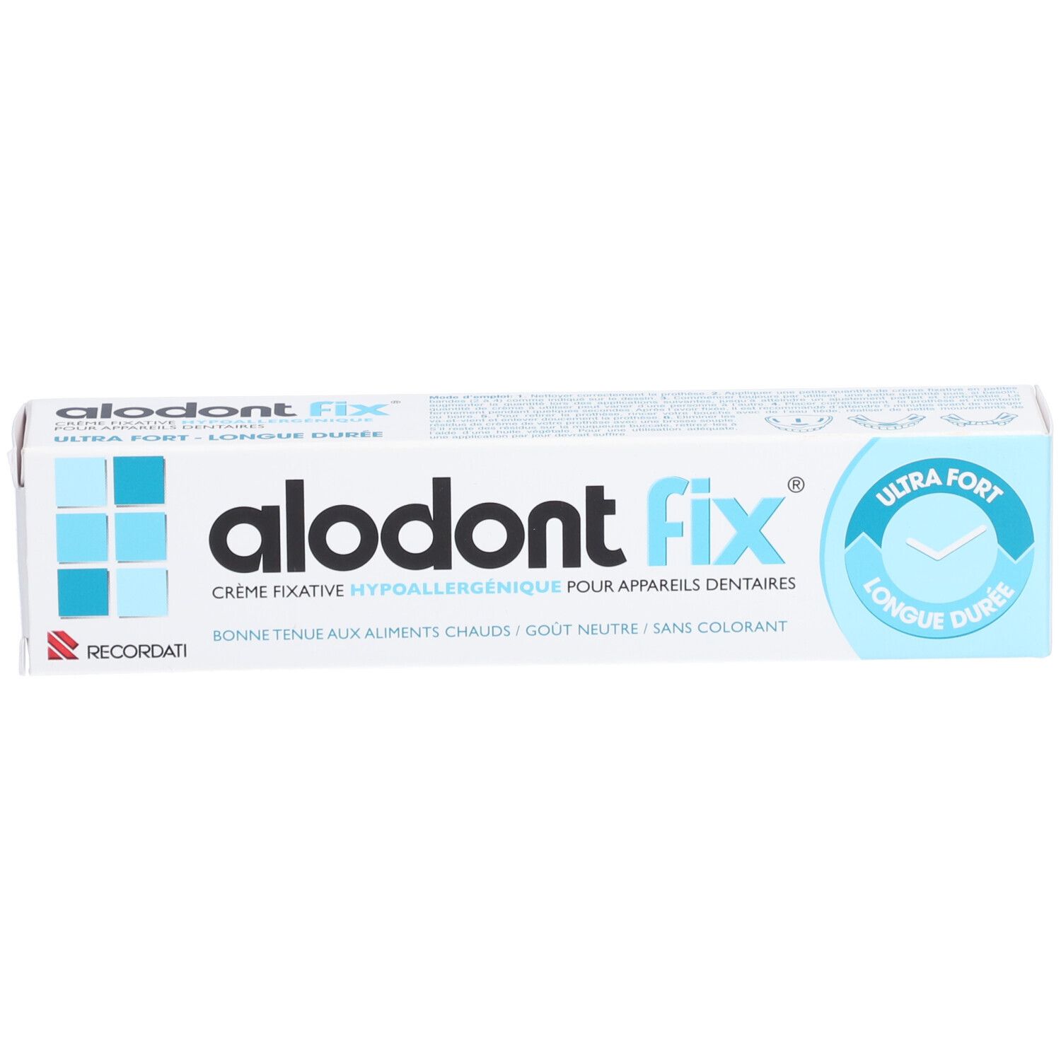 Emballage de crème fixative pour appareils dentaires. Inscription: alodont fix, ultra fort, Recordati.