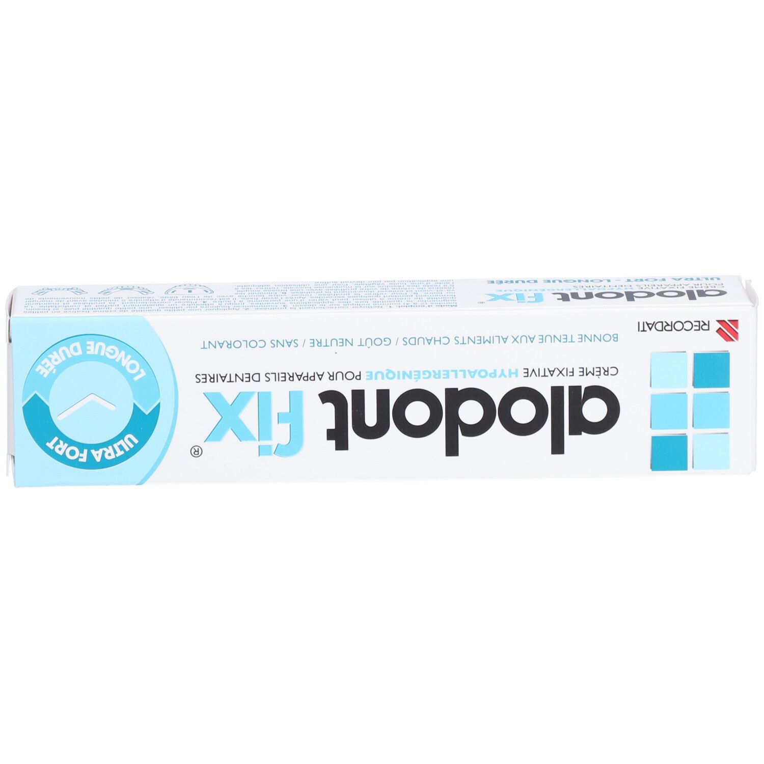 Emballage de crème fixative pour appareils dentaires. Inscription: alodont fix, ultra fort, Recordati.