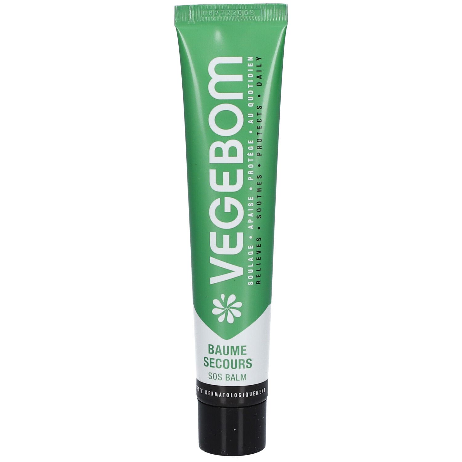 Tube vert avec texte blanc. Inscription: VEGEBOM, BAUME SECOURS SOS BALM. Bouchon noir.