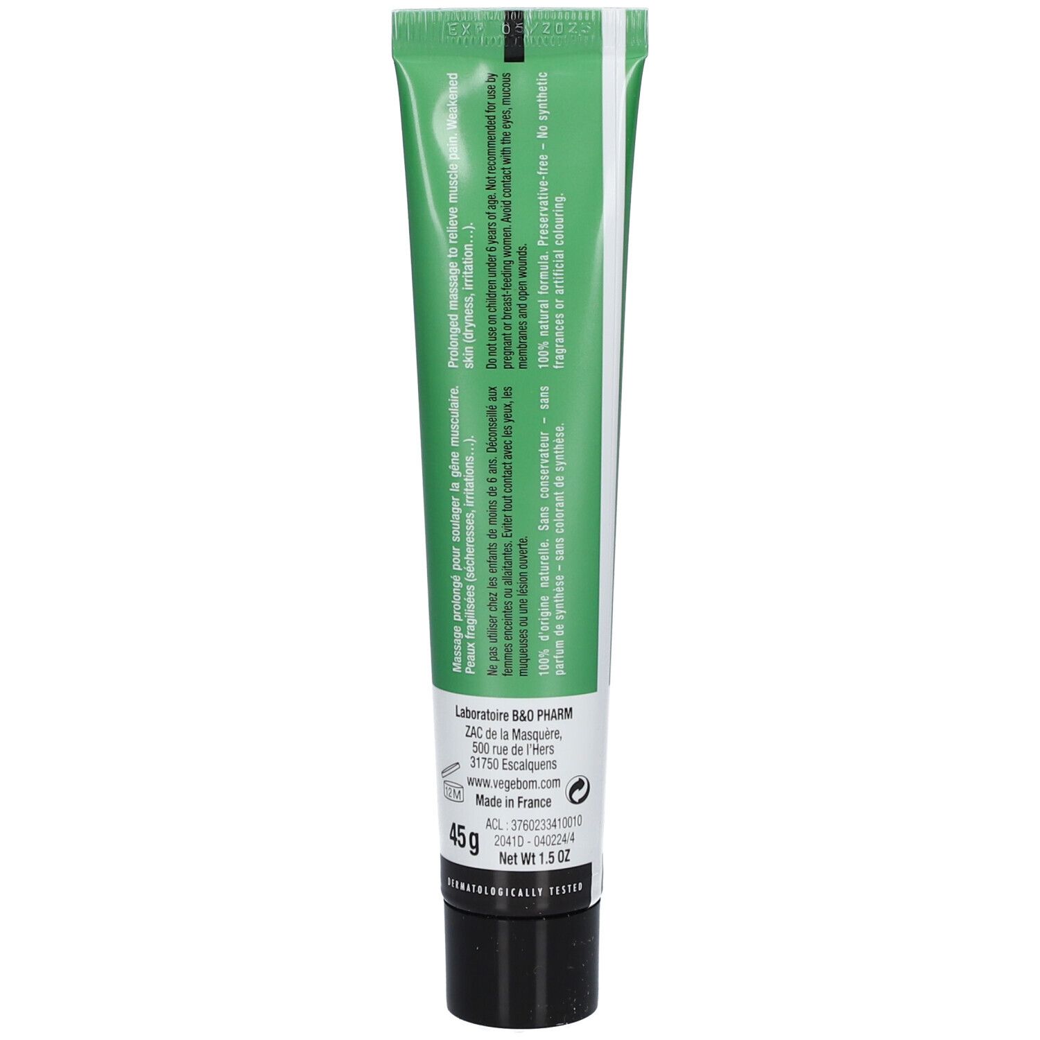 Dos d'un tube vert. Texte blanc. Bouchon noir. Informations sur les ingrédients et le fabricant.