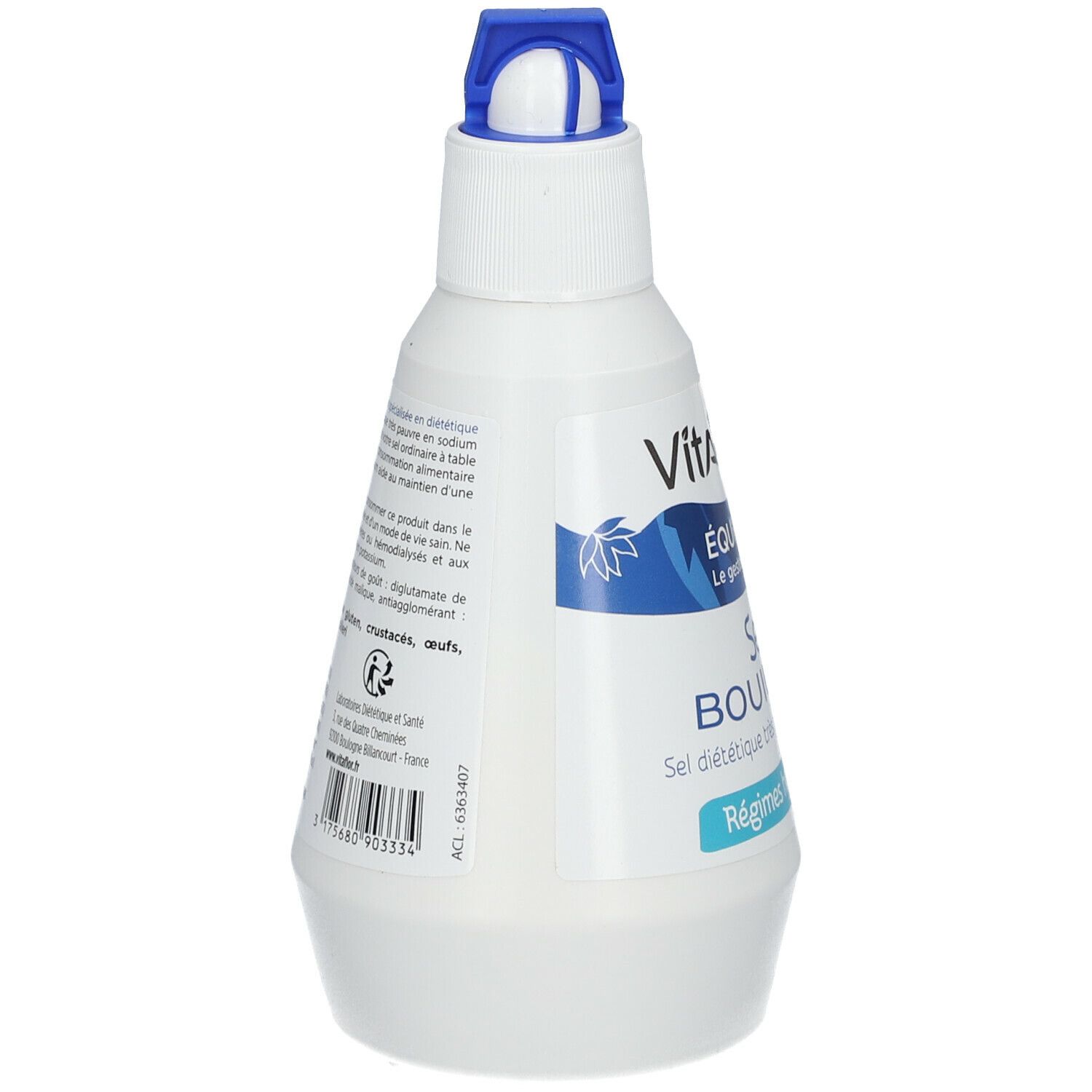 Flacon blanc avec bouchon bleu. Dos avec texte et code-barres. Marque Vitaflor.