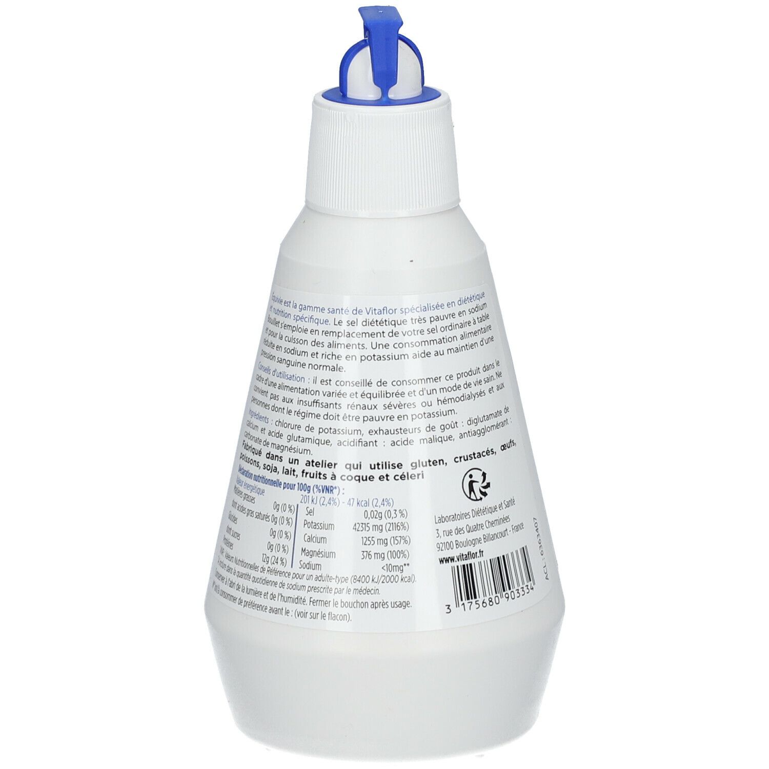 Flacon blanc avec bouchon bleu. Dos avec texte, ingrédients et informations nutritionnelles. Marque Vitaflor.