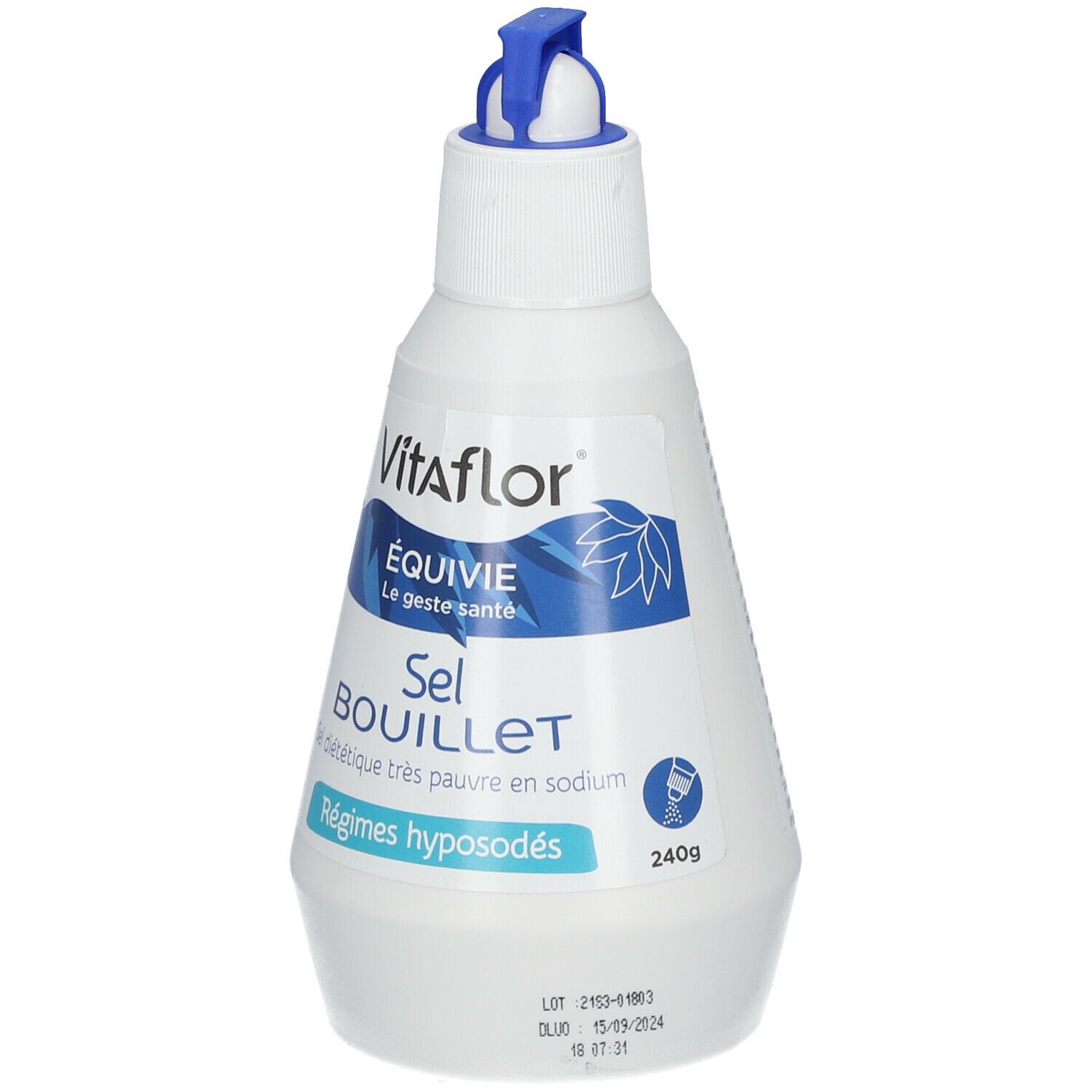 Flacon blanc avec bouchon bleu. Inscription: Vitaflor, ÉQUIVIE, Sel Bouillet, Régimes hyposodés. 240g.