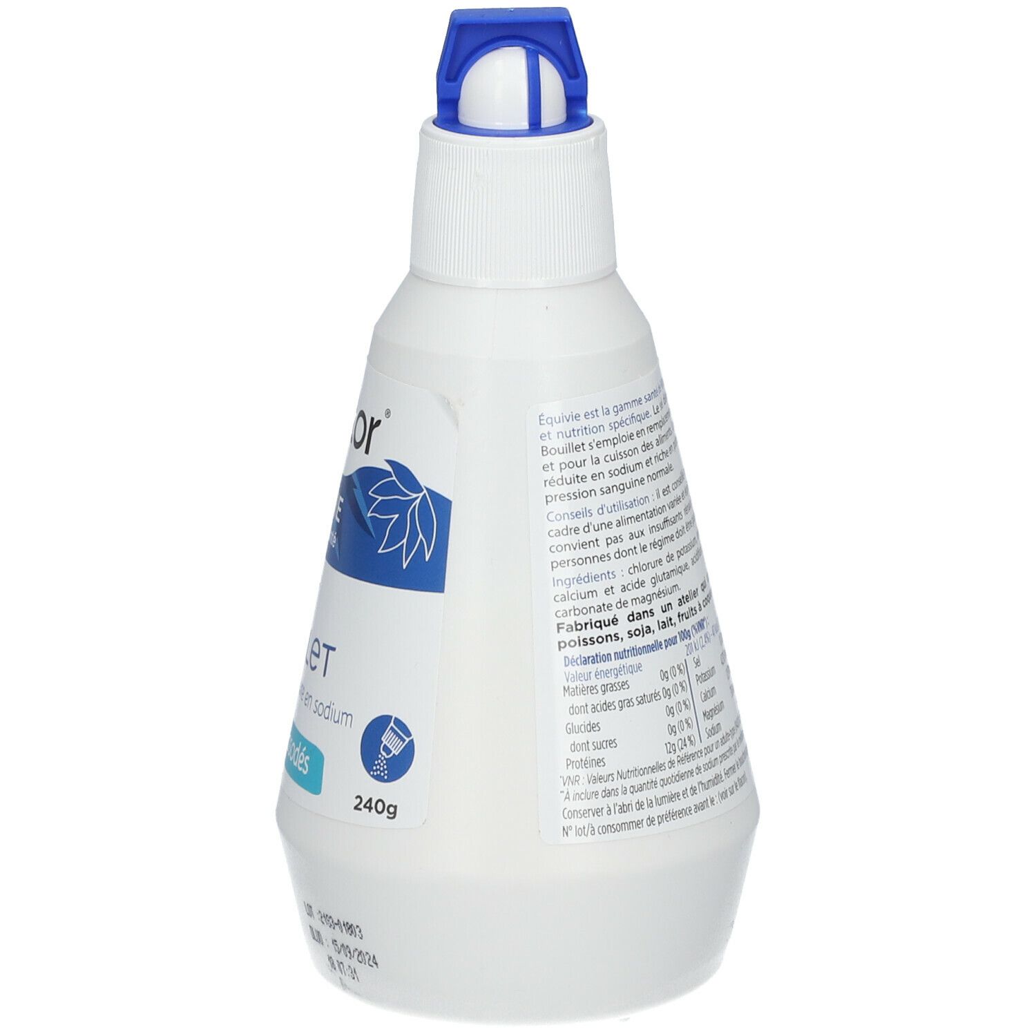 Flacon blanc avec bouchon bleu. Dos avec texte, ingrédients et informations nutritionnelles. 240g.