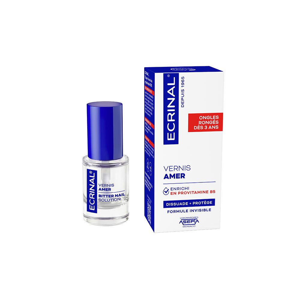 ECRINAL® Bitter-Nagellack Flasche und Karton. Klarlack mit blauem Deckel.