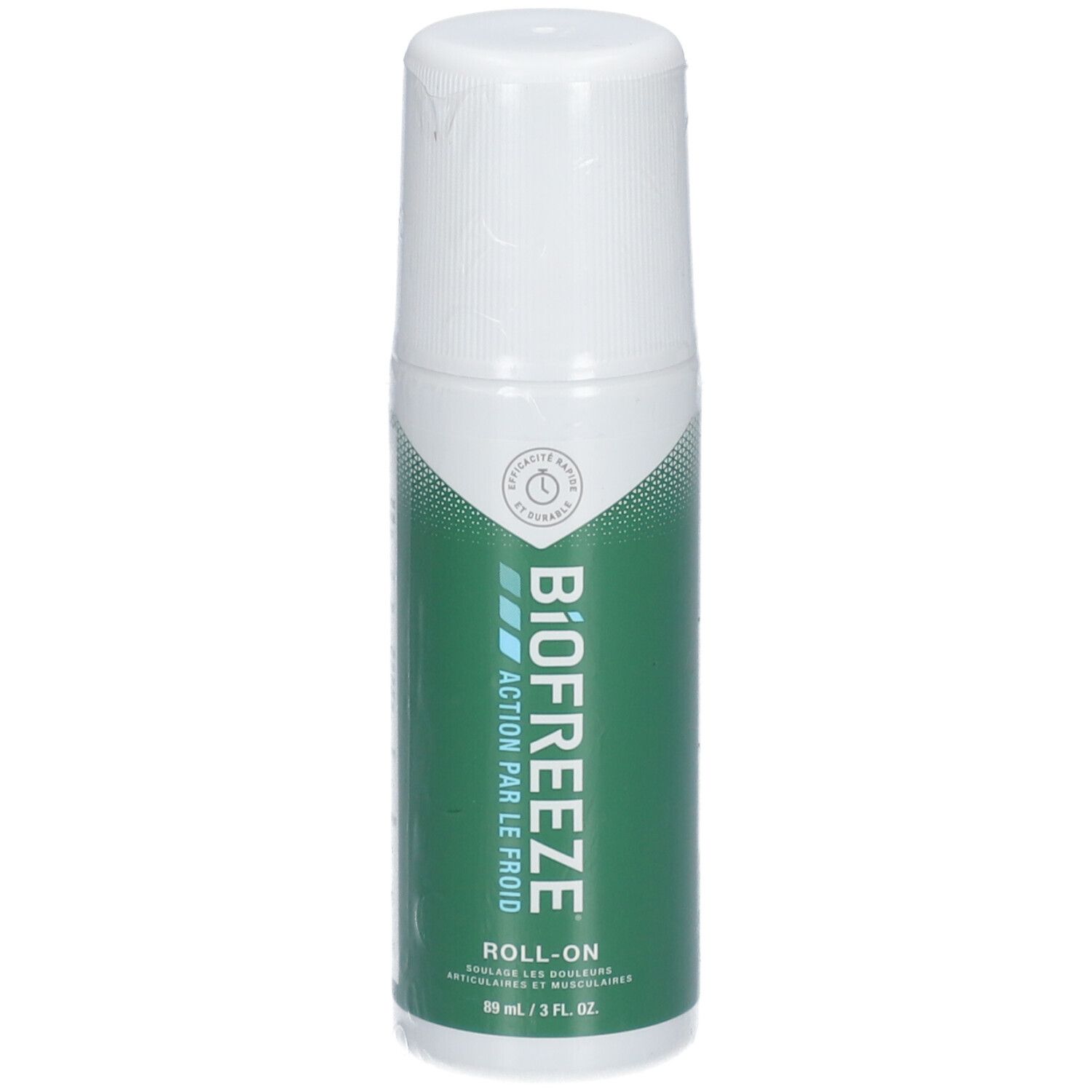 Roll-on-Flasche, weißer Deckel, grüne Beschriftung. Text: Biofreeze, Roll-on, Action par le froid.