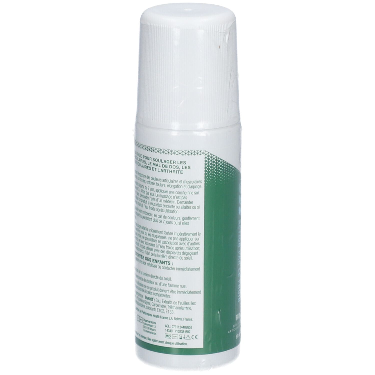 Rückseite der Roll-on-Flasche. Text und Informationen auf Grün und Weiß. Produktinformationen.