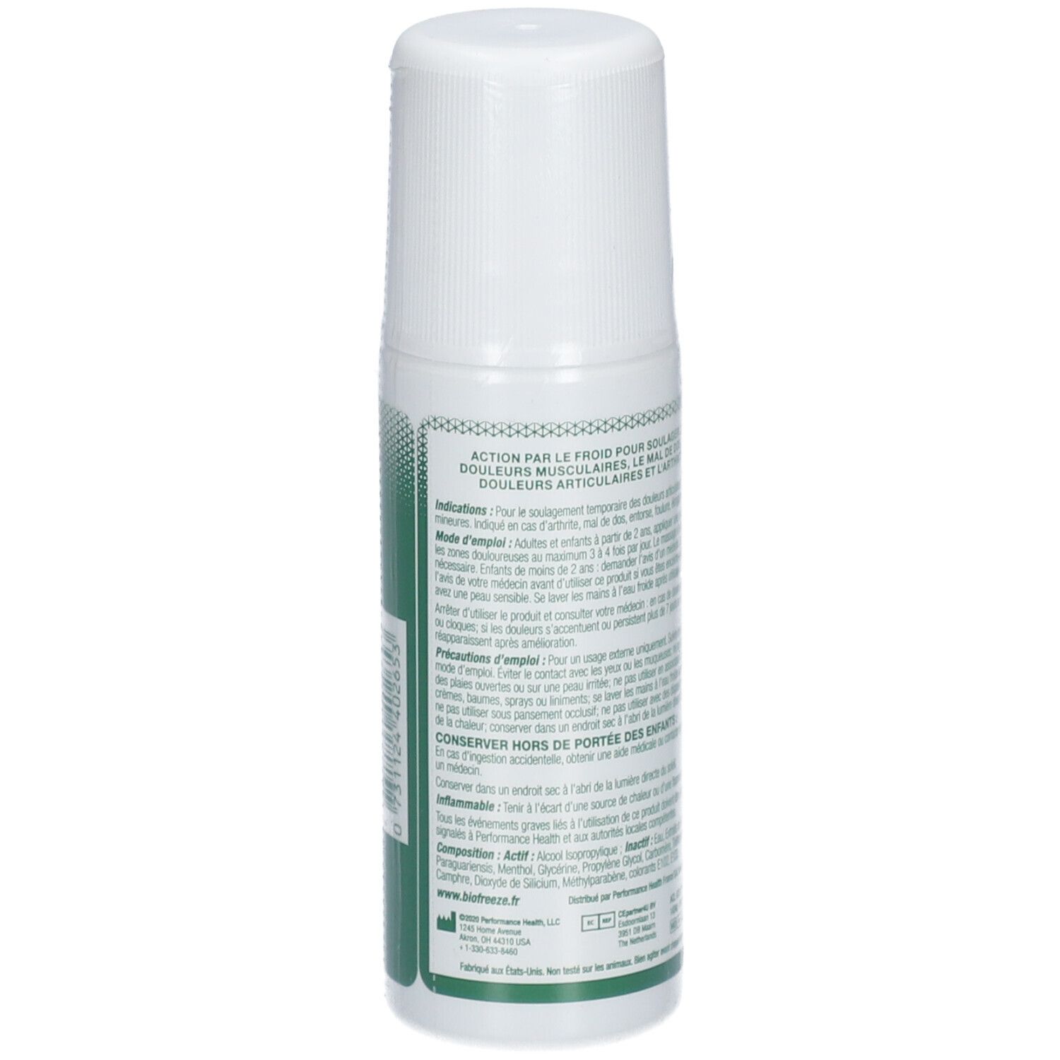 Rückseite der Roll-on-Flasche. Text und Informationen auf Grün und Weiß. Produktinformationen.