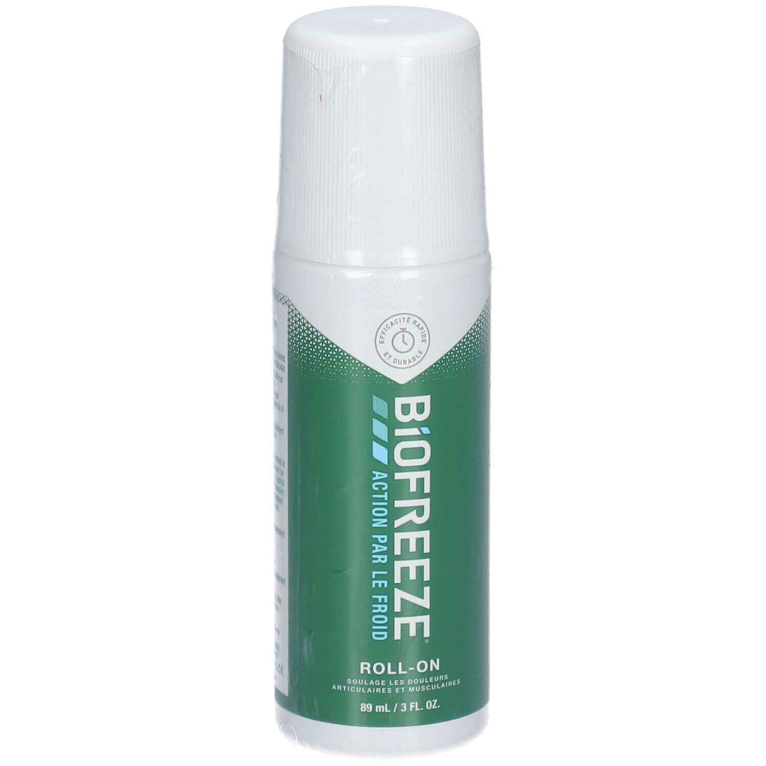 Roll-on-Flasche, weißer Deckel, grüne Beschriftung. Text: Biofreeze, Roll-on, Action par le froid.