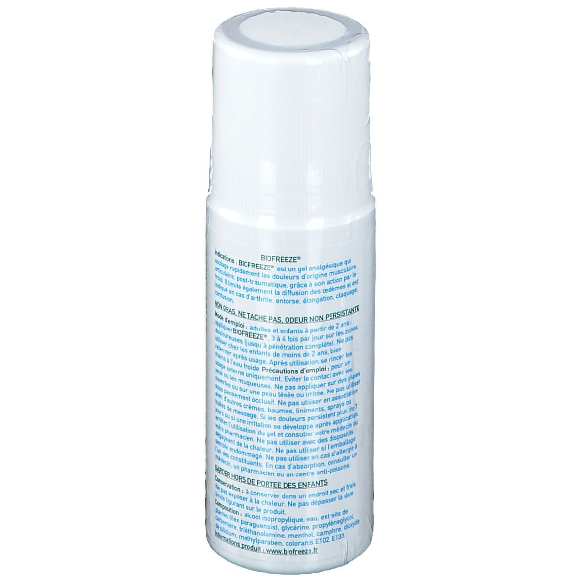 Rückseite der Roll-on-Flasche. Barcode und Text auf Grün und Weiß. Produktinformationen.