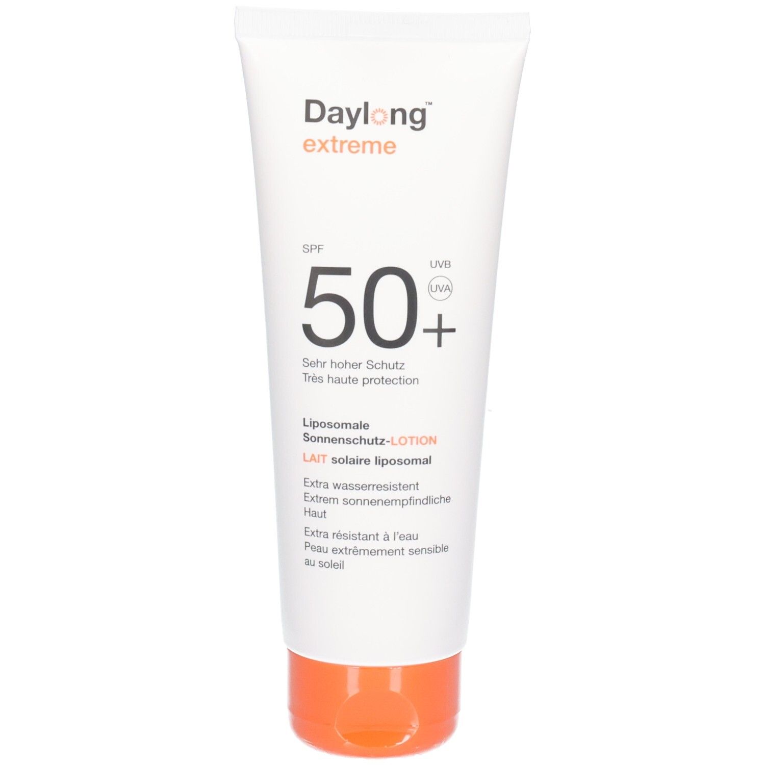 Weiße Tube mit orangefarbenem Verschluss. Aufschrift: Daylong extreme, SPF 50+, Liposomale Sonnenmilch-Lotion.