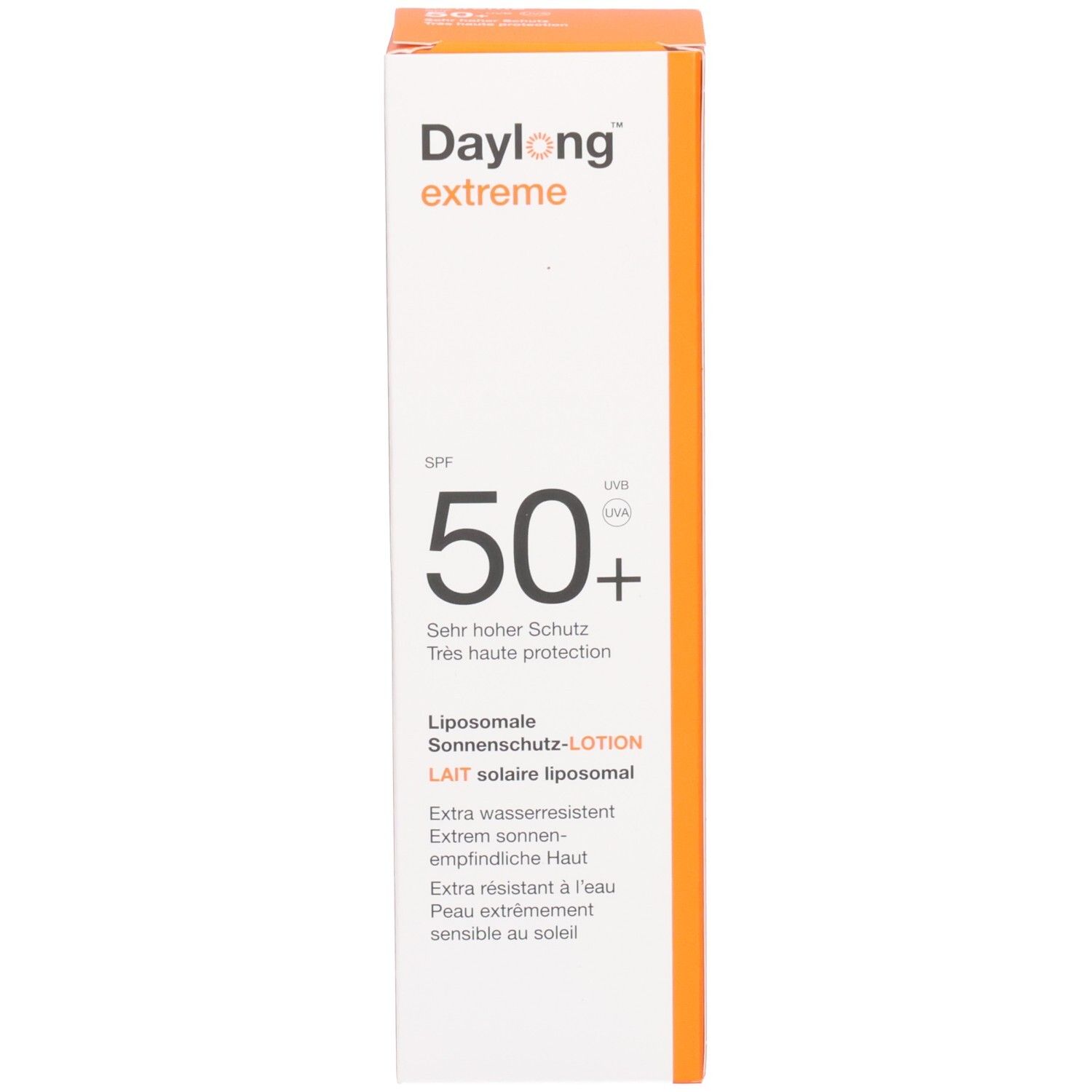 Schachtel mit Aufschrift: Daylong extreme, SPF 50+, Liposomale Sonnenmilch-Lotion. Orange-weißes Design.