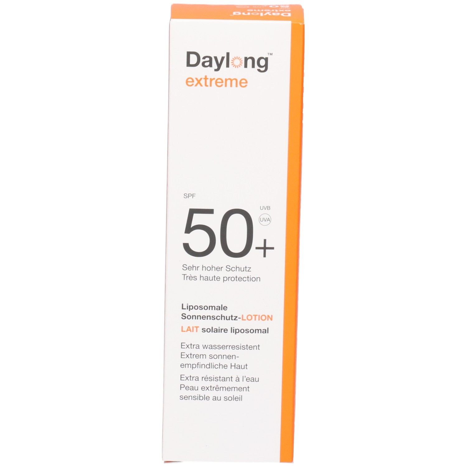 Schachtel mit Aufschrift: Daylong extreme, SPF 50+, Liposomale Sonnenmilch-Lotion. Orange-weißes Design.