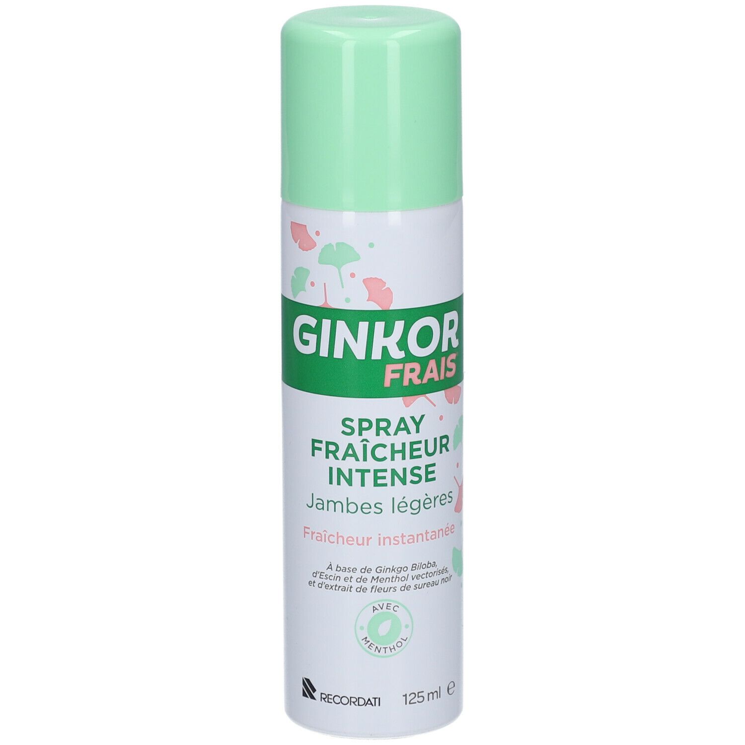 Flacon spray cylindrique, bouchon vert. Inscription: Ginkor Frais Spray Fraîcheur Intense. Avec menthol. 125 ml.