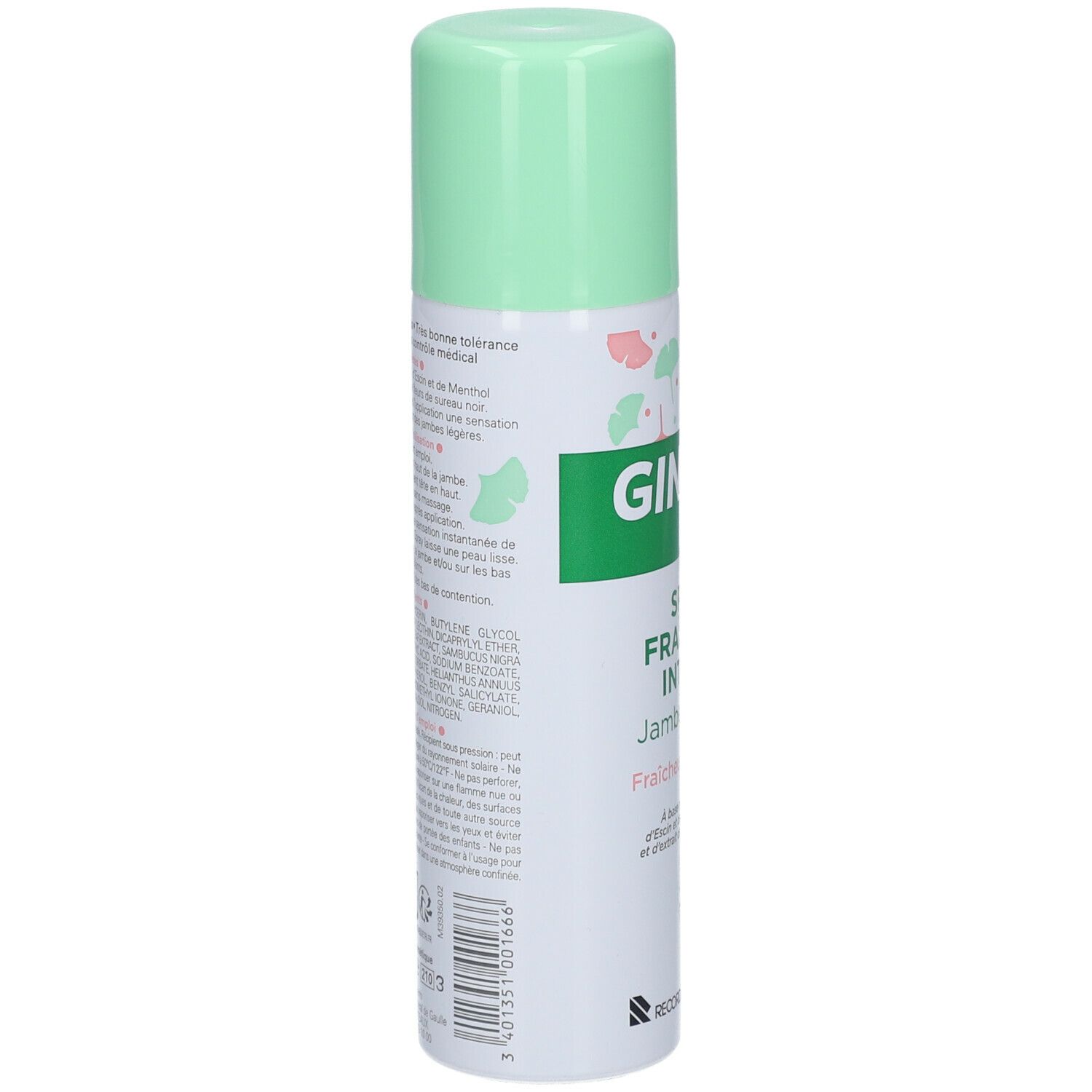 Dos du flacon spray. Texte: informations d'utilisation et ingrédients. Avec 125 ml. Fabricant: Recordati.