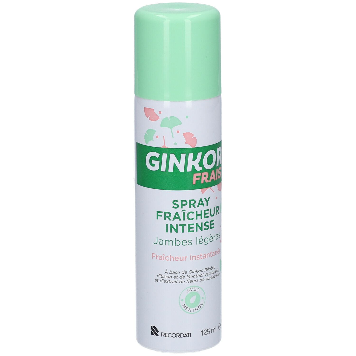 Flacon spray cylindrique, bouchon vert. Inscription: Ginkor Frais Spray Fraîcheur Intense. Avec menthol. 125 ml.