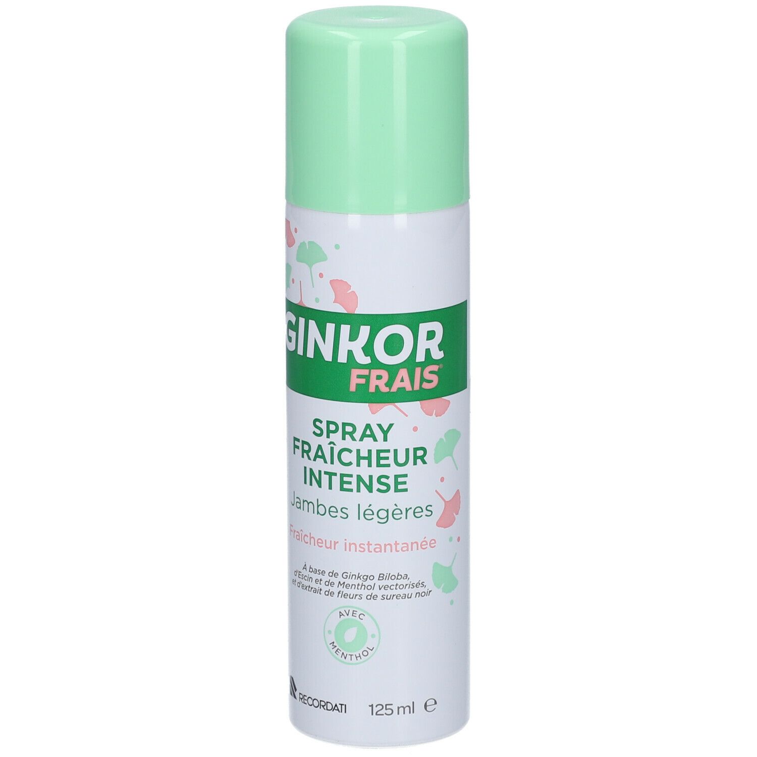 Flacon spray cylindrique, bouchon vert. Inscription: Ginkor Frais Spray Fraîcheur Intense. Avec menthol. 125 ml.