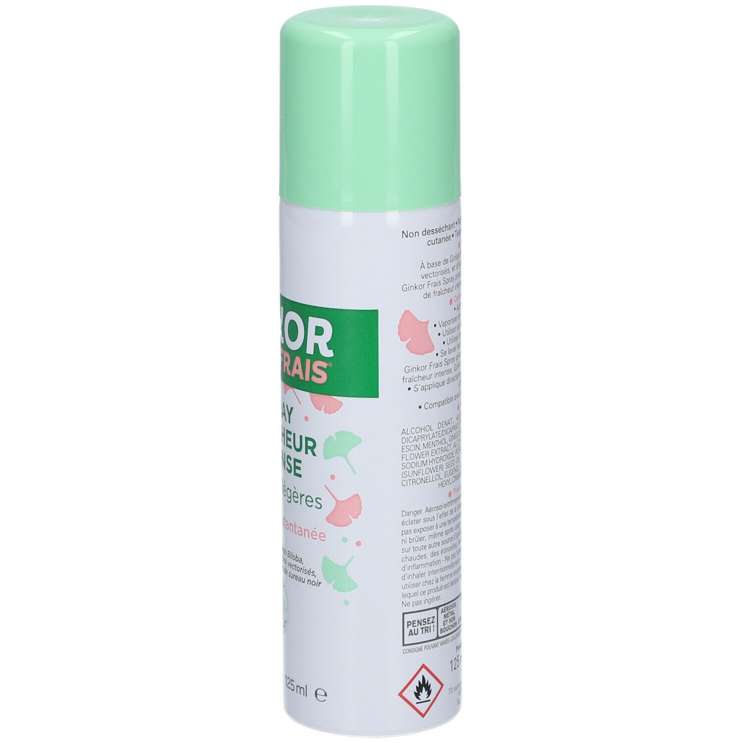 Dos du flacon spray. Texte: instructions d'utilisation, ingrédients, avertissements. Avec 125 ml. Fabricant: Recordati.