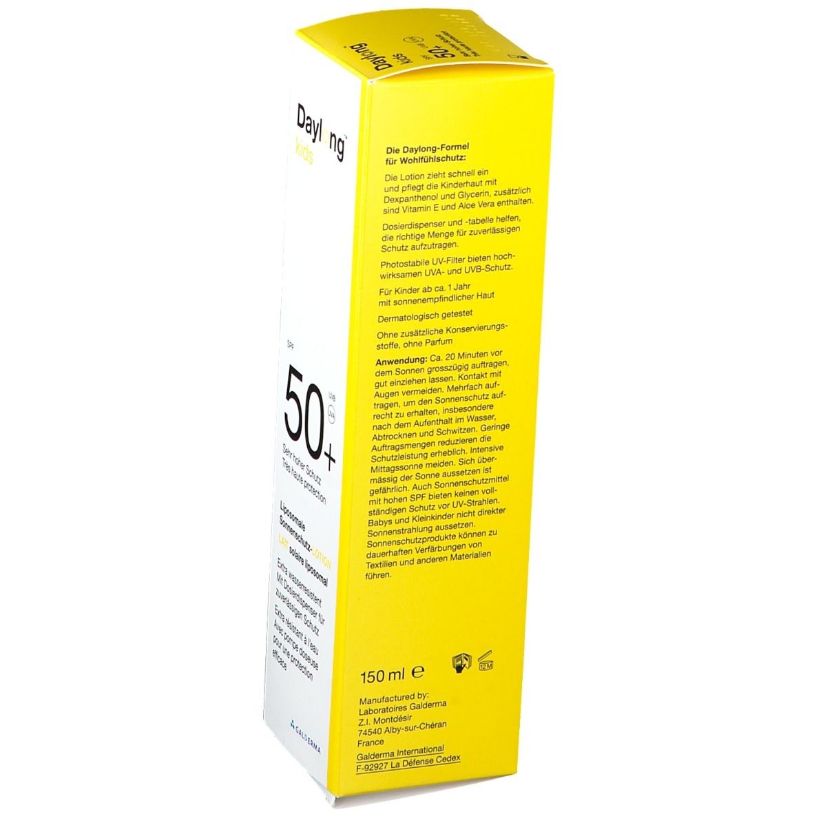 Gelb-weiße Verpackung. Aufschrift: Daylong kids SPF 50+. Text über die Lotion und Anwendung. 150 ml.
