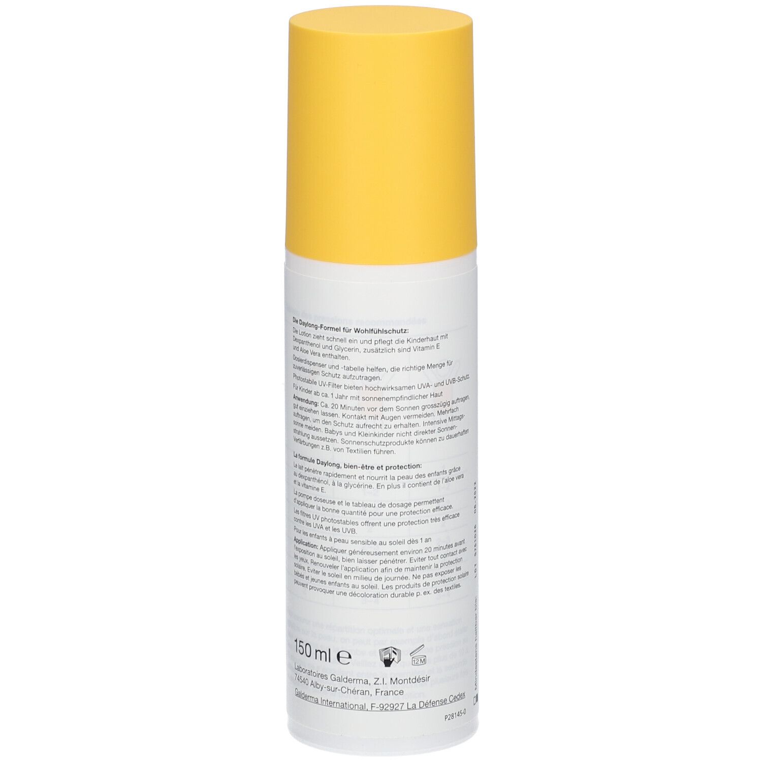 Weiße Flasche mit gelbem Deckel. Aufschrift: Daylong kids SPF 50+. Text über die Lotion und Anwendung. 150 ml.
