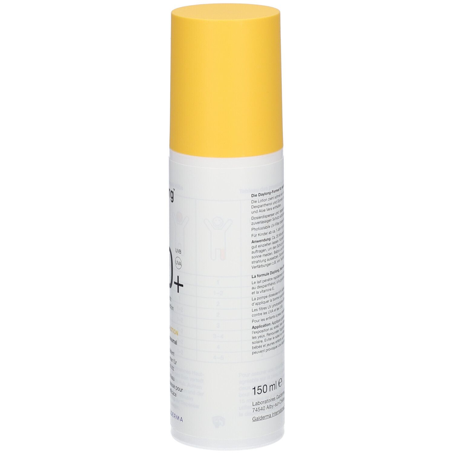 Weiße Flasche mit gelbem Deckel. Aufschrift: Daylong kids SPF 50+. Text über die Lotion und Anwendung. 150 ml.