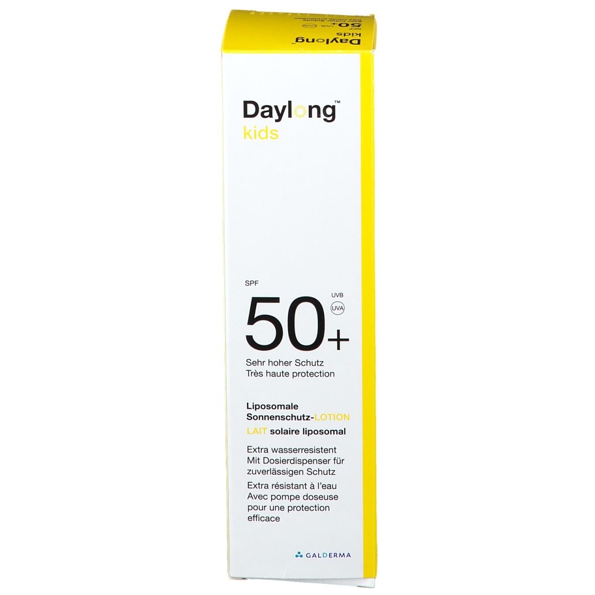 Gelb-weiße Verpackung. Aufschrift: Daylong kids SPF 50+. Liposomale Sonnen-schutz-Lotion.