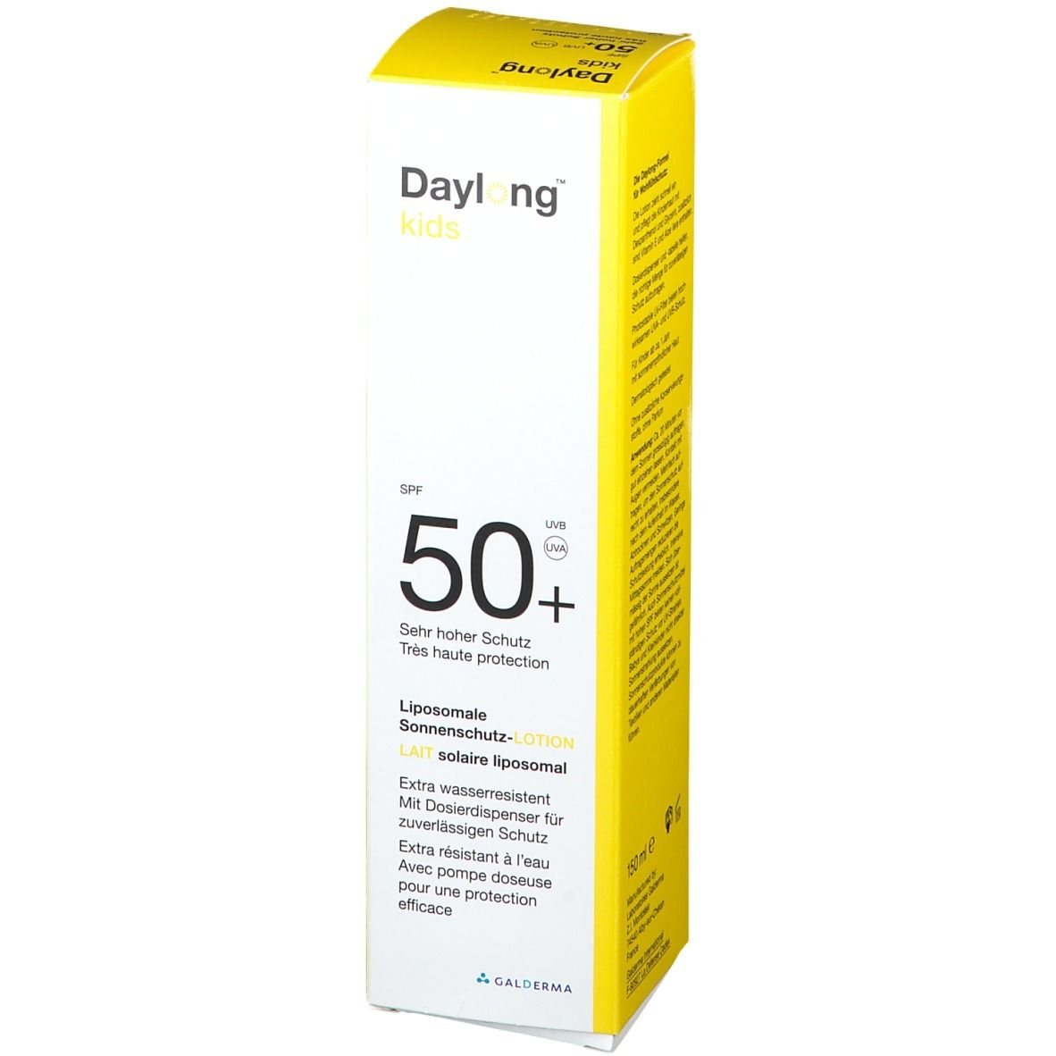 Gelb-weiße Verpackung. Aufschrift: Daylong kids SPF 50+. Liposomale Sonnen-schutz-Lotion.