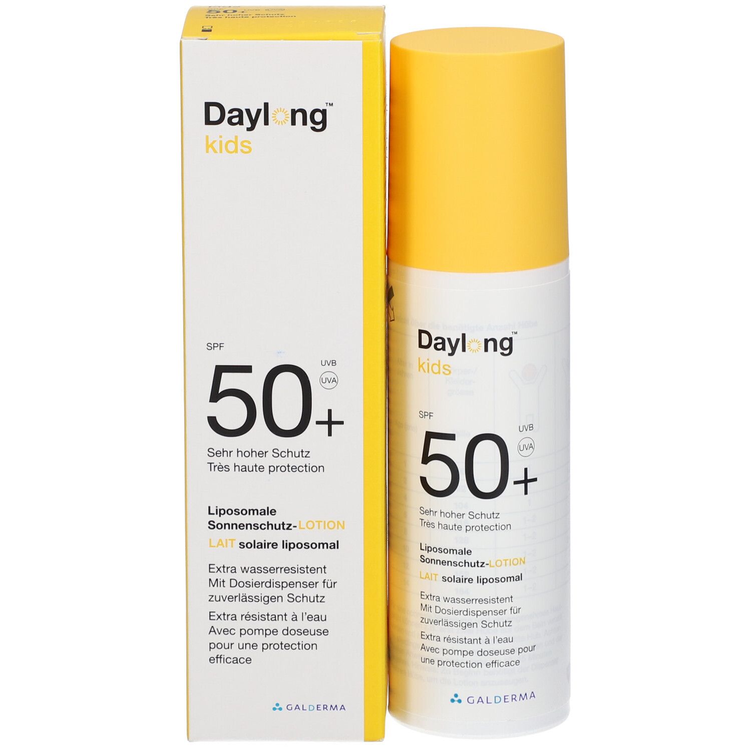 Flasche und Verpackung. Aufschrift: Daylong kids SPF 50+. Liposomale Sonnen-schutz-Lotion.