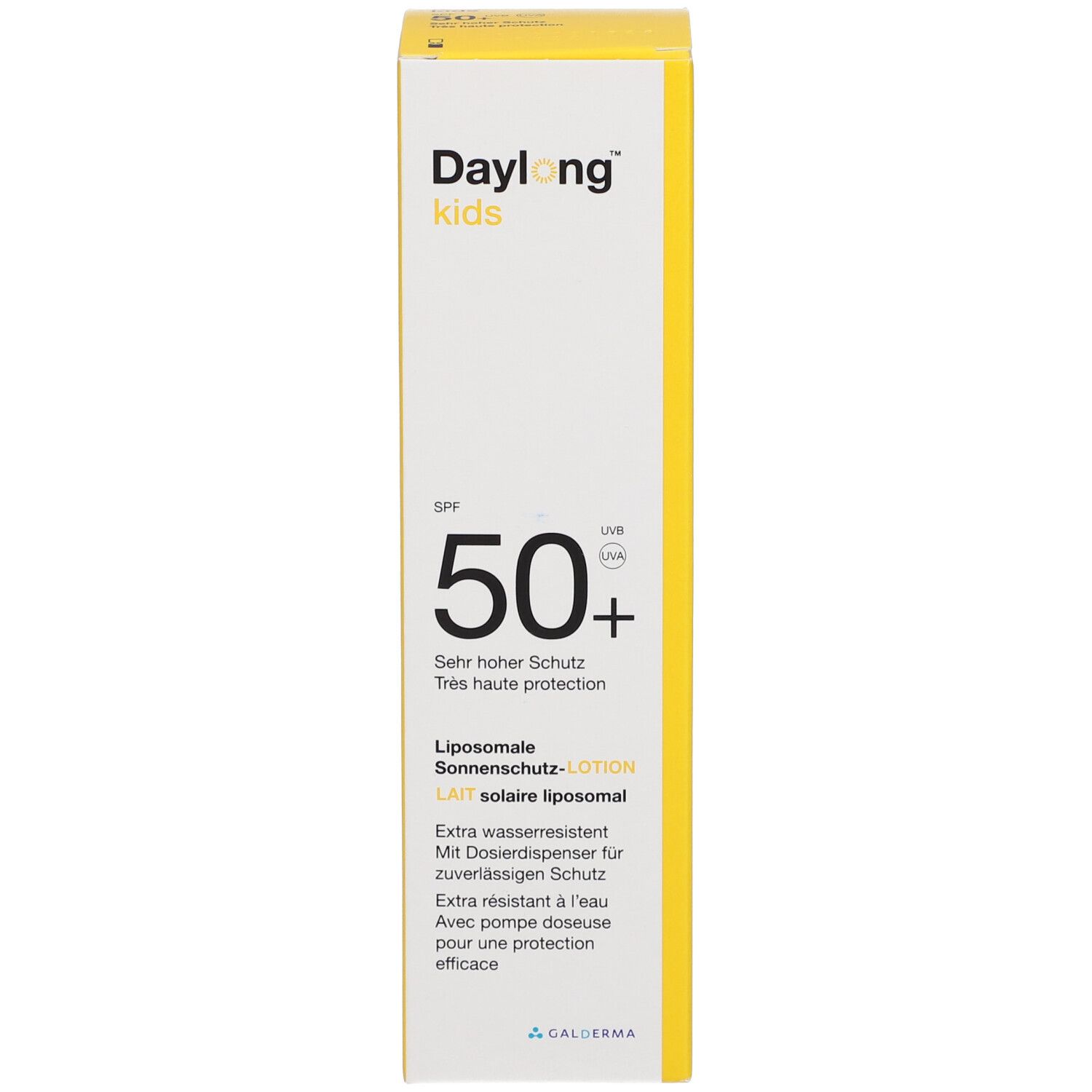 Gelb-weiße Verpackung. Aufschrift: Daylong kids SPF 50+. Liposomale Sonnen-schutz-Lotion.
