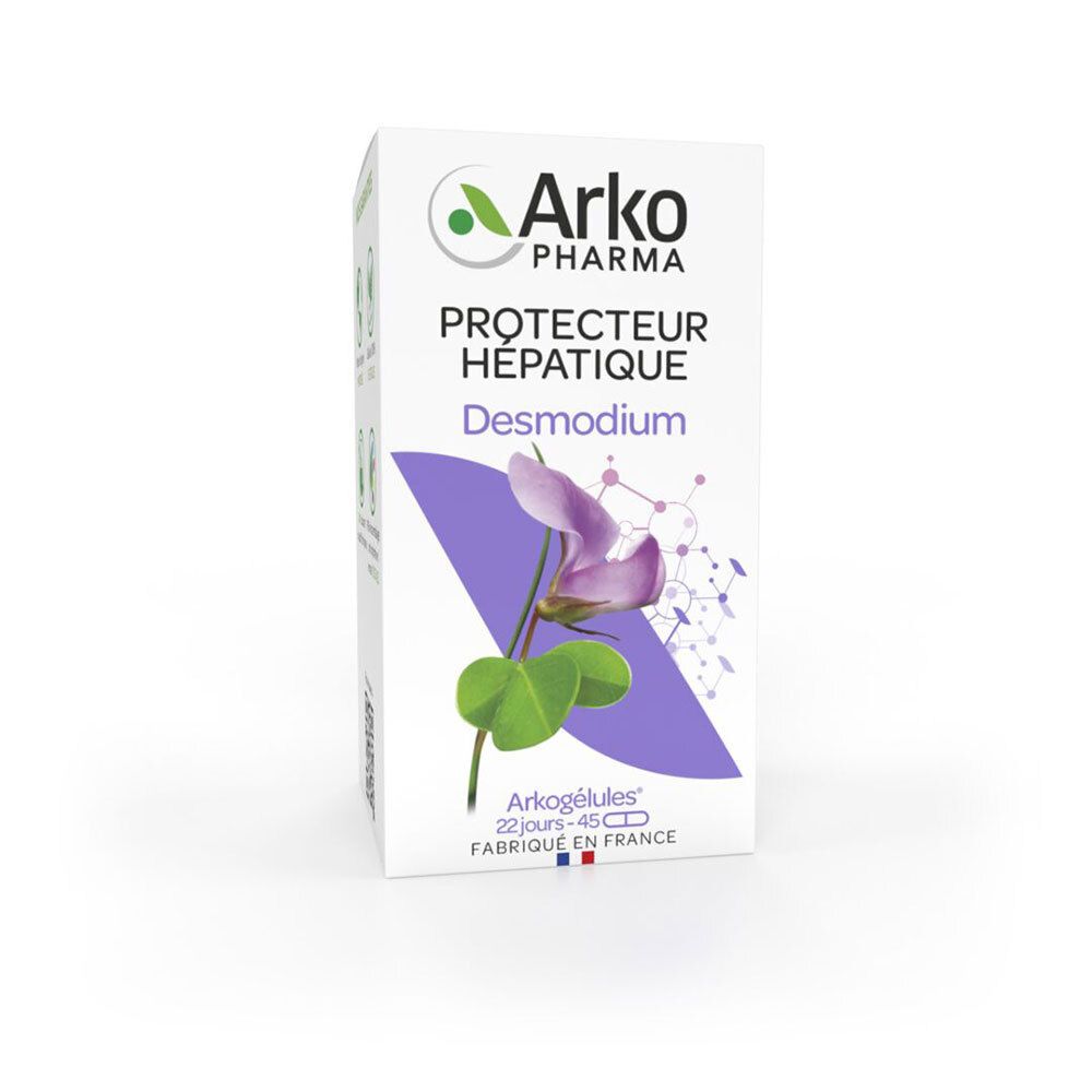 Boîte blanche Arkopharma. Illustration fleur violette et feuilles. Inscription « Protecteur hépatique ». Drapeau français.