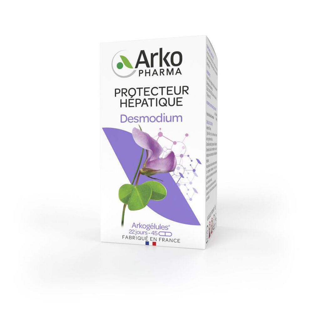 Boîte blanche Arkopharma. Illustration fleur violette et feuilles. Inscription « Protecteur hépatique ». Drapeau français.