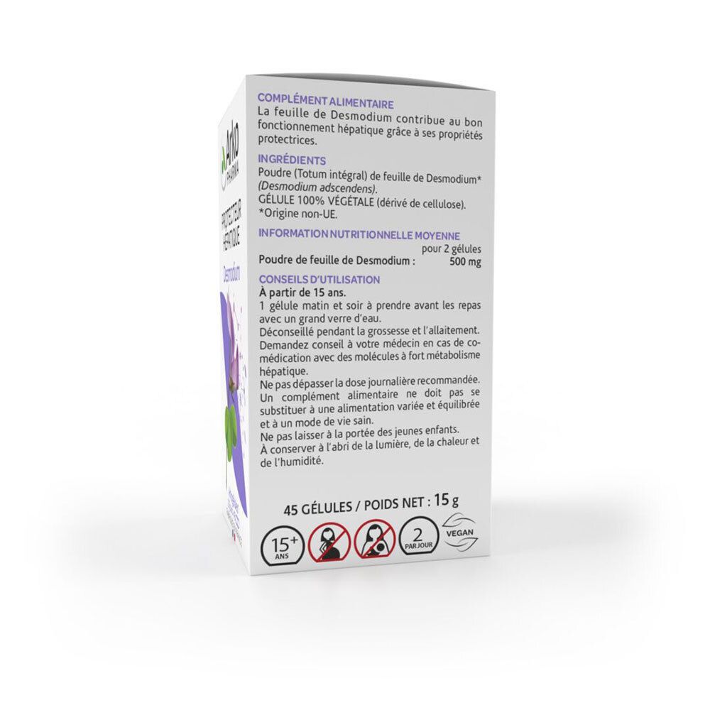 Dos de la boîte. Texte avec ingrédients, conseils d'utilisation et informations nutritionnelles. 45 gélules, 15g.