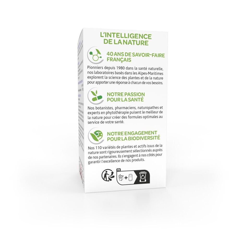 Côté de la boîte. Texte sur la marque et ses valeurs. Logos et code QR.
