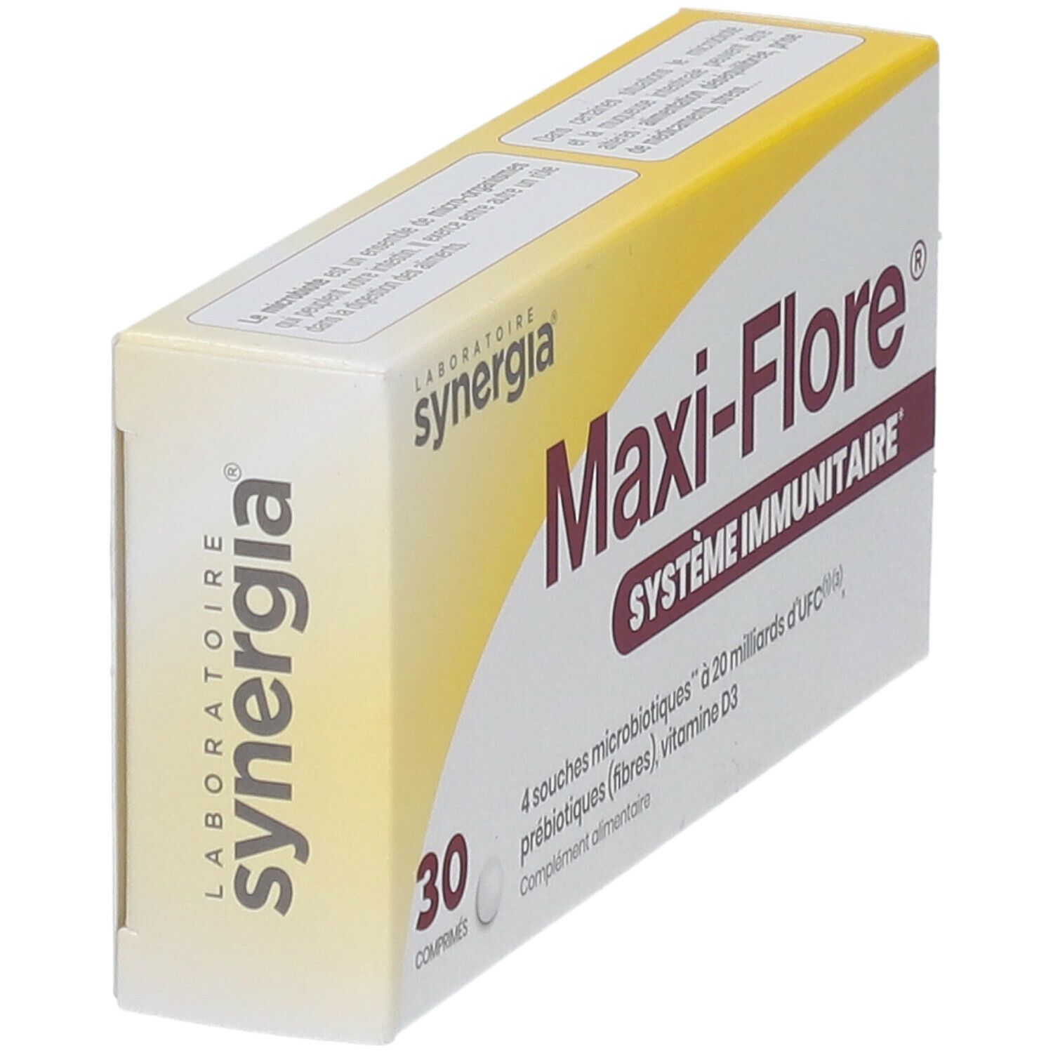 Schachtel "Maxi-Flore". Aufschrift: "SYSTÈME IMMUNITAIRE". Marke: Synergia. Gelbe und weiße Verpackung.
