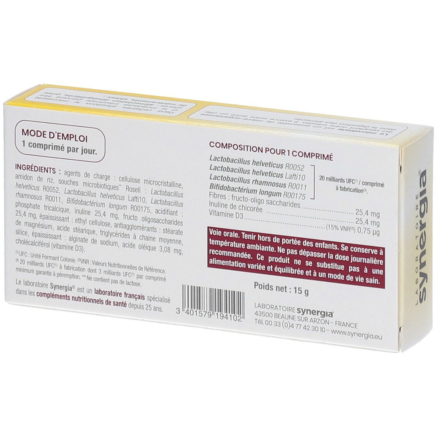 Rückseite der "Maxi-Flore"-Schachtel. Inhaltsstoffe und Gebrauchsanweisung. Marke: Synergia.