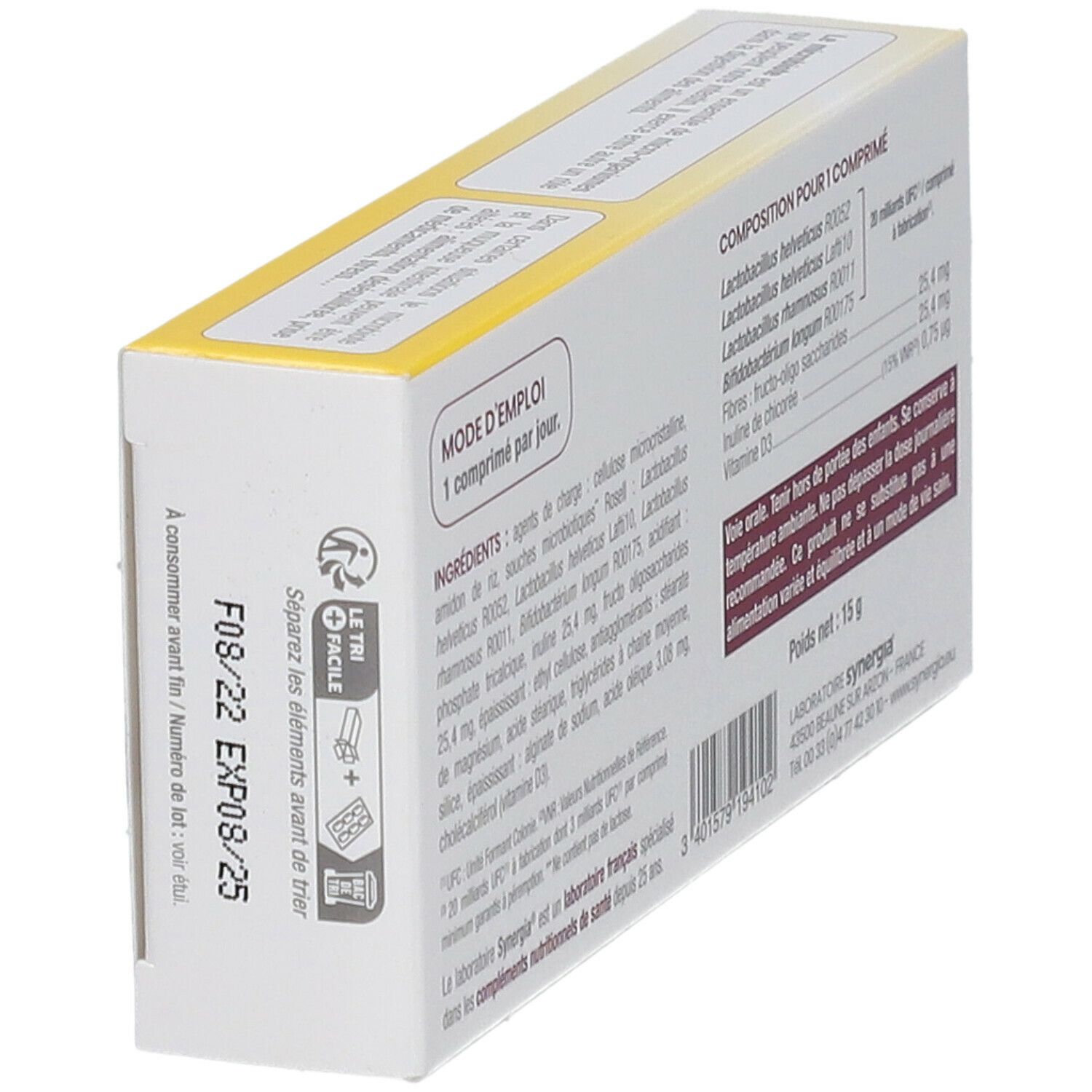 Rückseite der "Maxi-Flore"-Schachtel. Inhaltsstoffe und Gebrauchsanweisung. Marke: Synergia. Haltbarkeitsdatum.