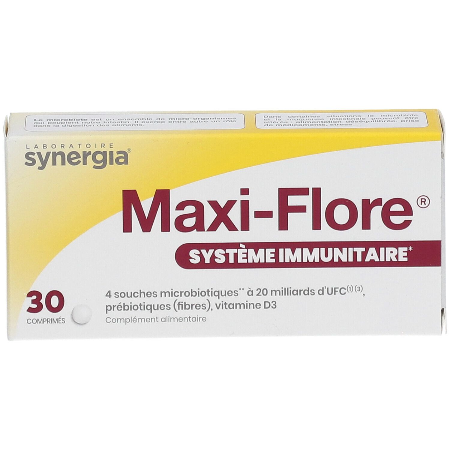 Schachtel "Maxi-Flore", 30 Tabletten. Aufschrift: "SYSTÈME IMMUNITAIRE". Marke: Synergia. Gelbe und weiße Verpackung.