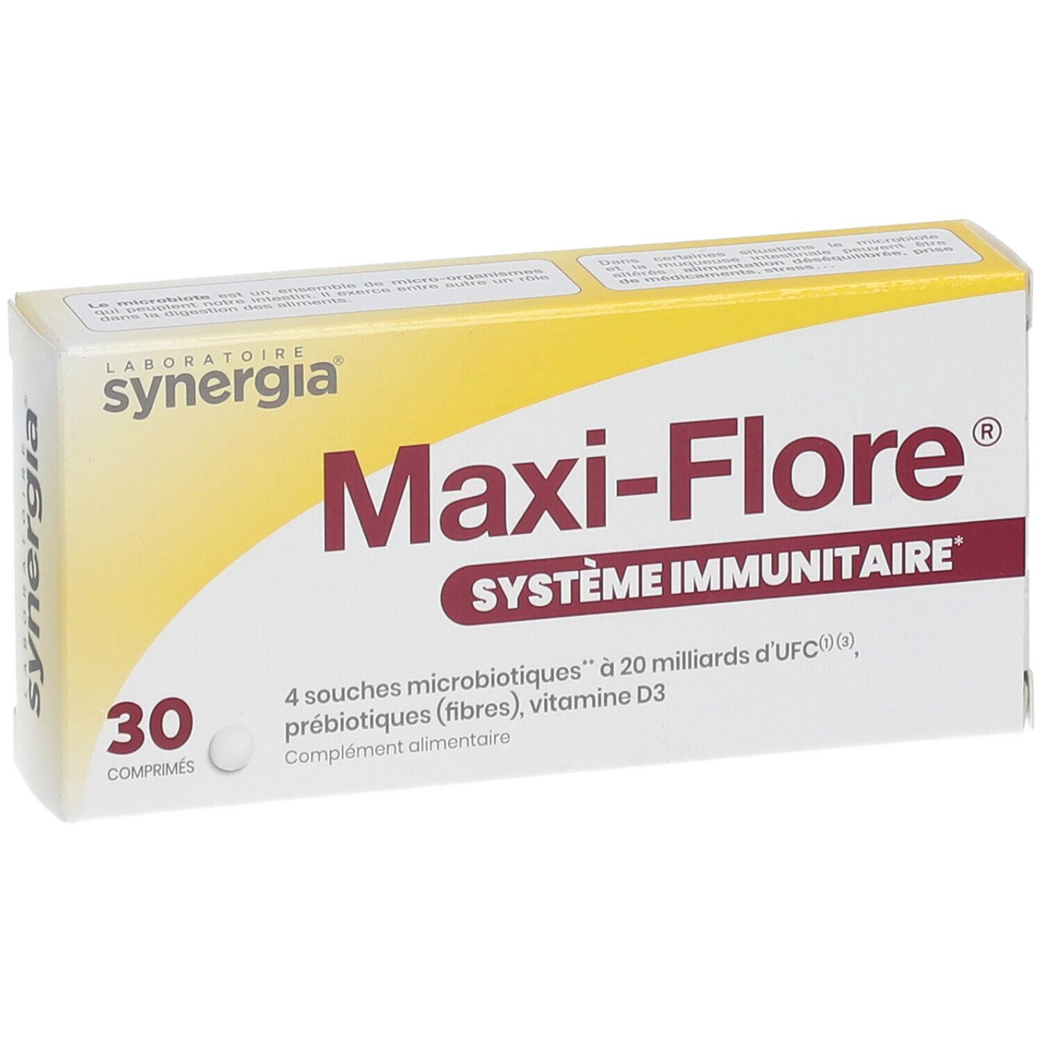 Schachtel "Maxi-Flore", 30 Tabletten. Aufschrift: "SYSTÈME IMMUNITAIRE". Marke: Synergia. Gelbe und weiße Verpackung.