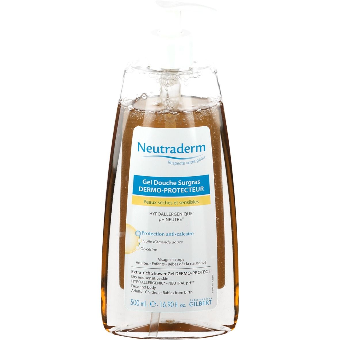 Flacon transparent de gel douche Neutraderm avec pompe bleue. Gel douche pour peaux sensibles, liquide jaunâtre.