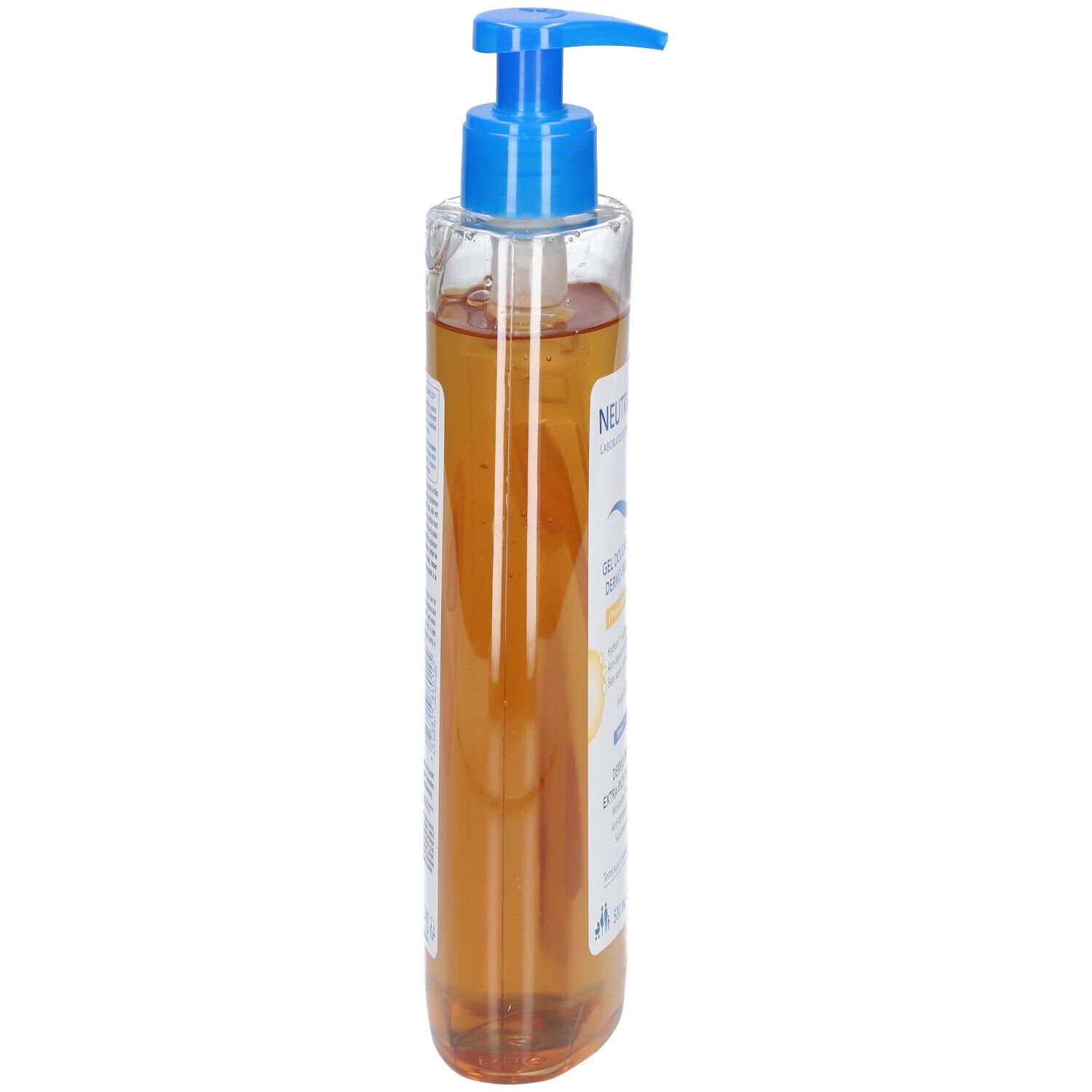 Flacon de gel douche Neutraderm transparent avec pompe bleue. Vue latérale, liquide jaunâtre visible.