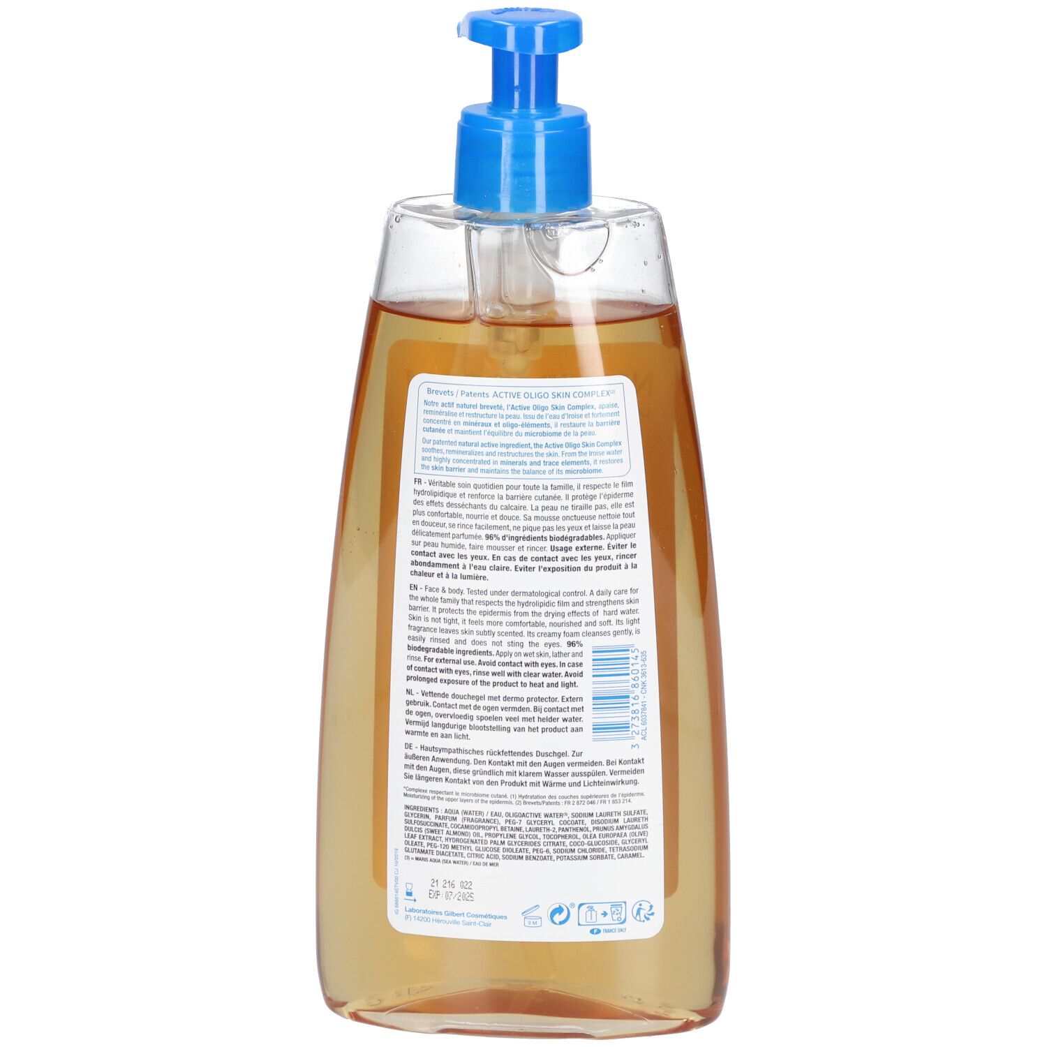 Dos du flacon de gel douche Neutraderm. Texte multilingue. Liquide jaunâtre visible.