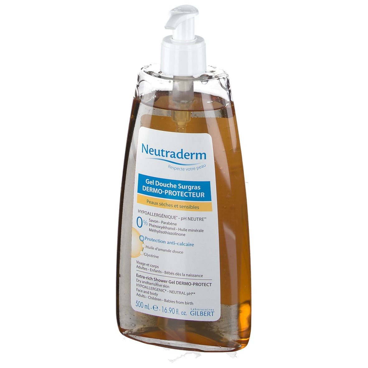Flacon transparent de gel douche Neutraderm avec pompe bleue. Gel douche pour peaux sensibles, liquide jaunâtre.