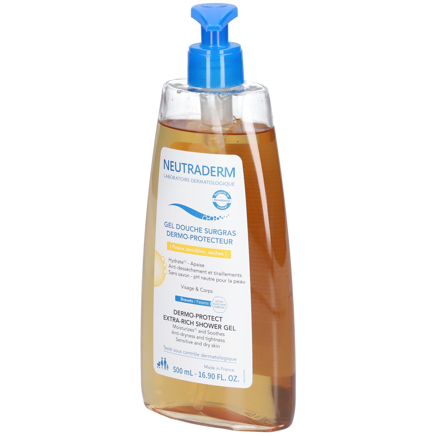 Flacon transparent de gel douche Neutraderm avec pompe bleue. Gel douche pour peaux sensibles, liquide jaunâtre.